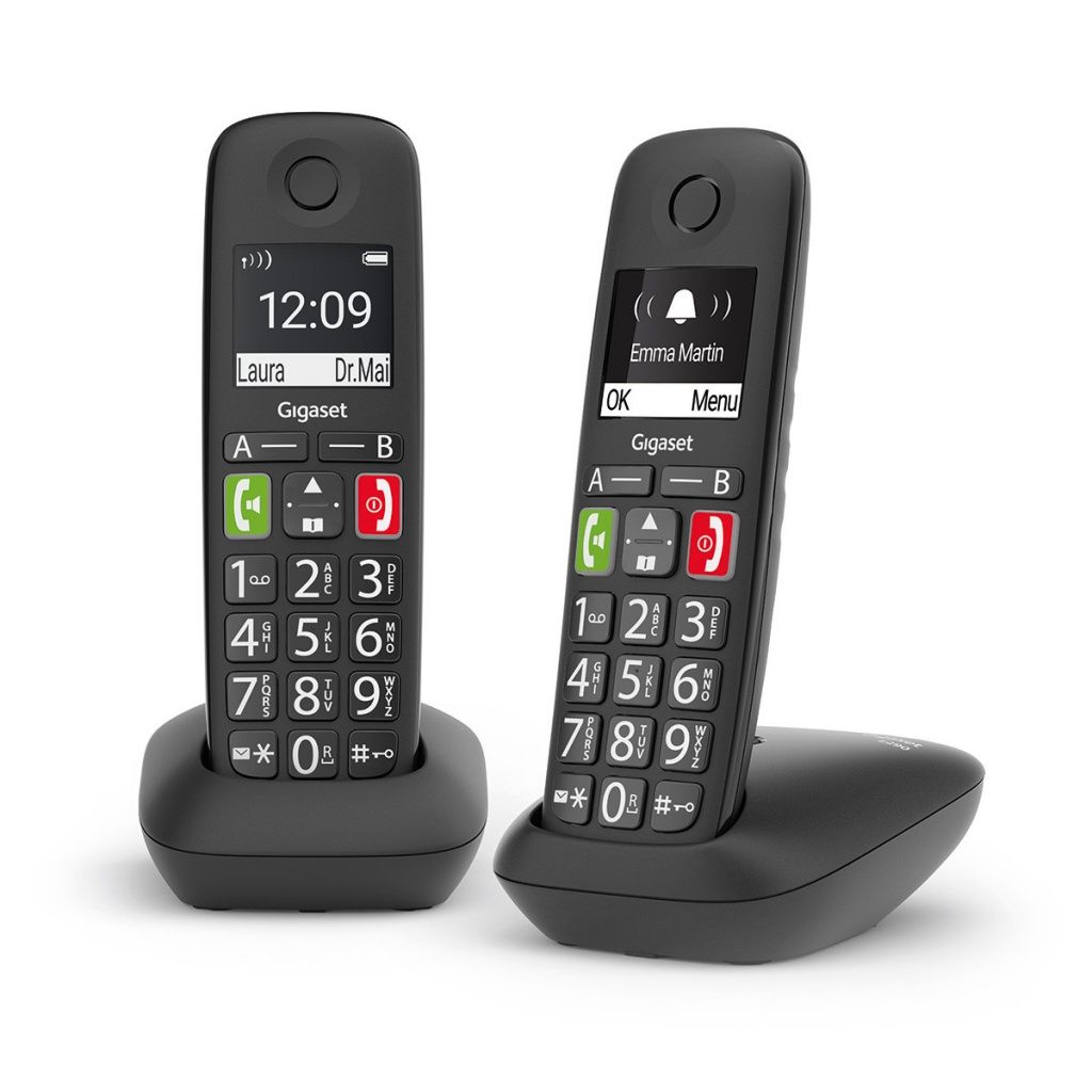 Gigaset - Teléfono fijo inalámbrico DECT E290 Duo con teclas grandes, pantalla retroiluminada y bloqueo de llamadas para hogar y oficina