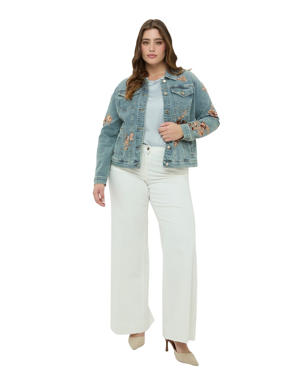 Fiorella Rubino - Chaqueta de denim con bordados florales de lentejuelas