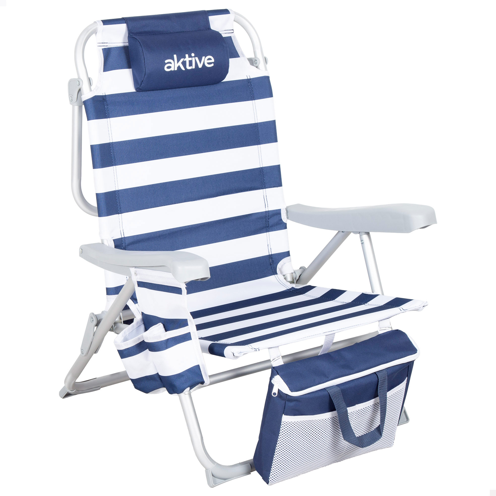 Aktive - Silla de playa plegable multiposición marinera, 48x58x80 cm, 5 posiciones, incluye cojín acolchado, bolsillos, bolsa isotérmica, estructura de aluminio y tejido poliéster, transporte tipo mochila