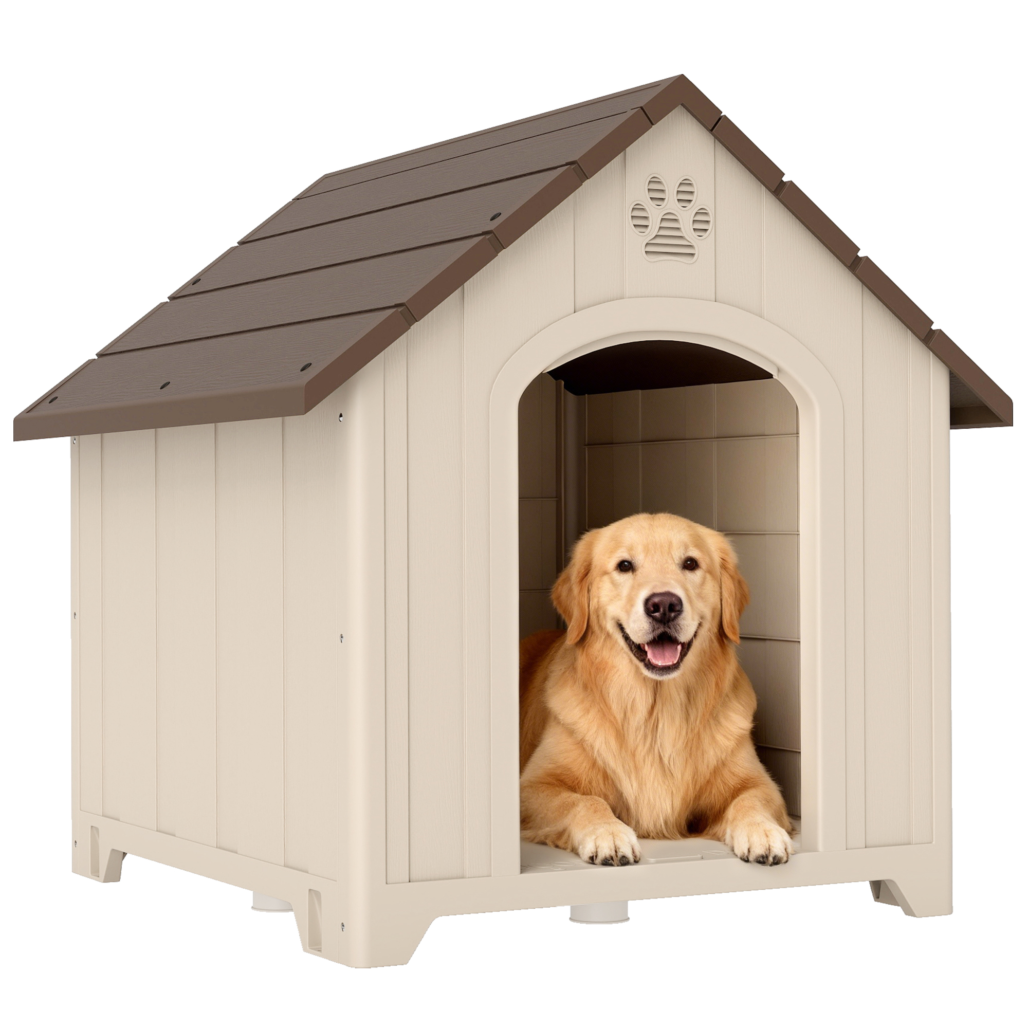 PawHut Caseta para Perros Exterior, Casa para Perros Grandes de Plástico Impermeable con 2 Ventanas, Base Elevada, Estacas, Fácil de Montar, 88x79x89 cm, Beige