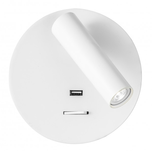 Aplique 3w 4000k giotto redondo blanco puerto usb  150lm c/interruptor 14x14x12cm orientb