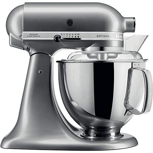 KitchenAid 5KSM175PSEMS Artisan 4.8L Stand Mixer in Silver, features 10 speeds, 300W power, stainless steel bowl, and includes dough hook, perfect for all your kitchen mixing needs.
