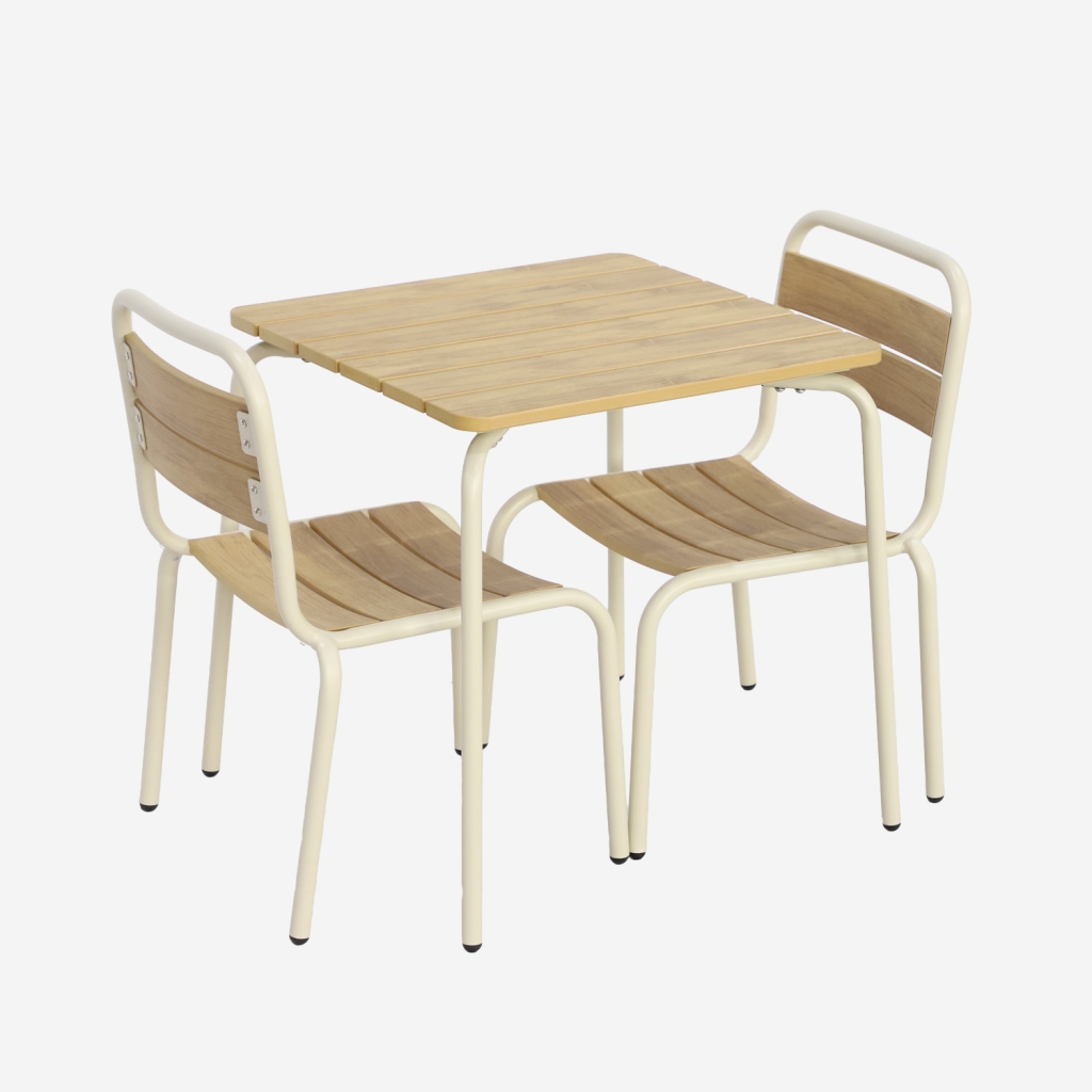 sweeek - Mesa de jardín infantil de acero y decoración de madera con 2 asientos , Suzie , 48x48x47