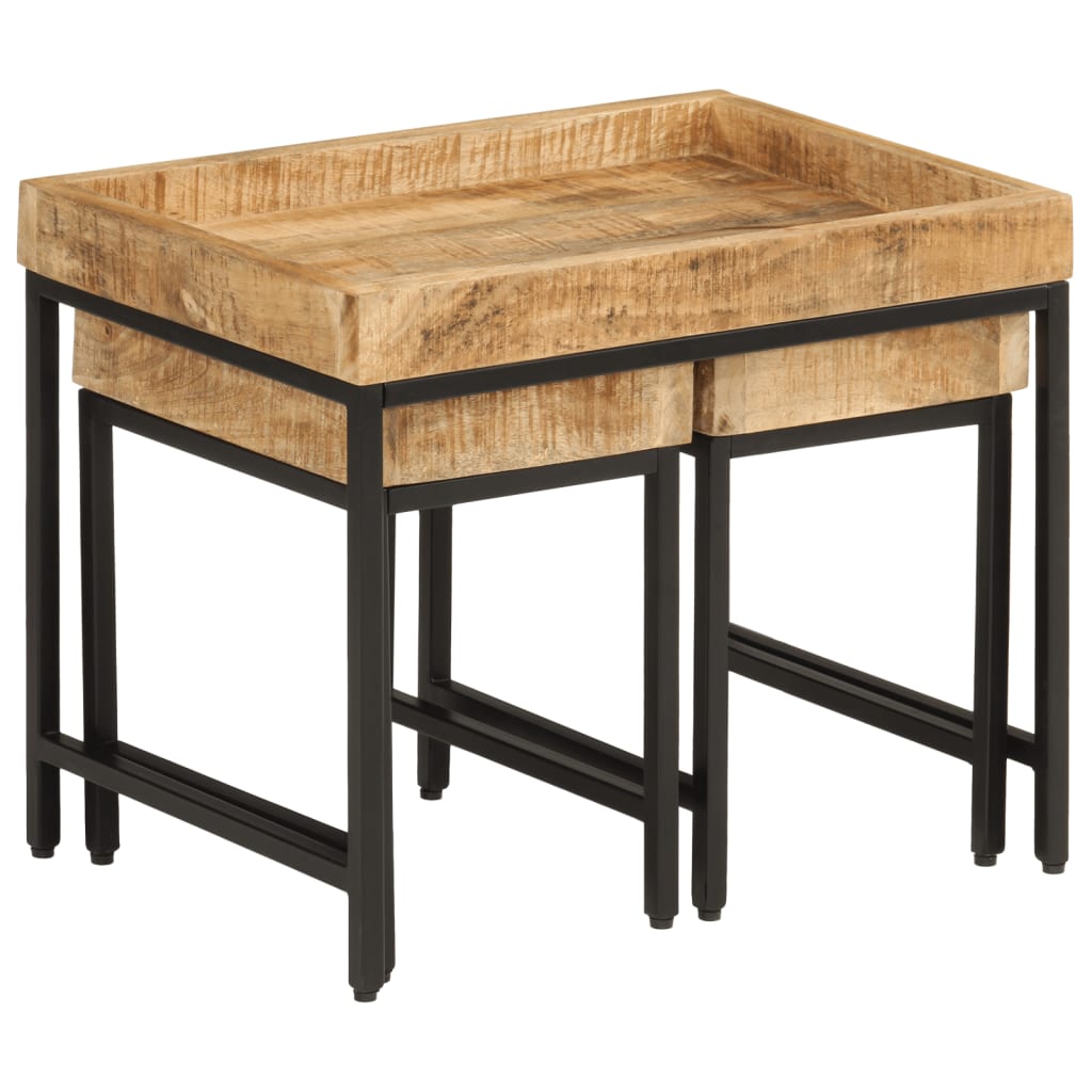 Vidaxl Mesas Apilables 3 Piezas Madera de Mango Rugosa Maciza y Hierro - Mesa de Sofá - Mesa de Entrada - Salón