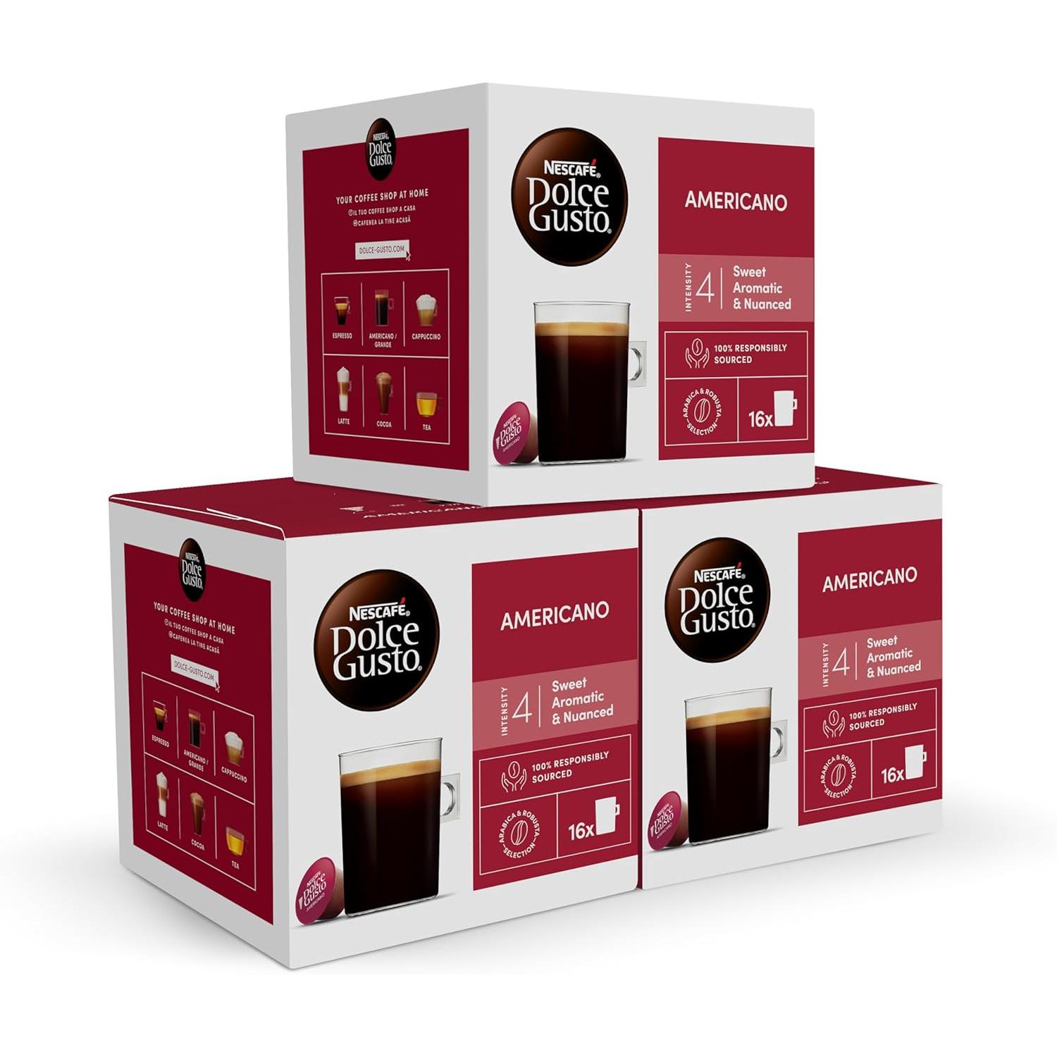 NESCAFÉ Dolce Gusto Lungo Americano - Cápsulas de Café, 48 Cápsulas (3 x 16) - Intensidad 4 - Café 100% Arábica - Originales para cafeteras Dolce Gusto