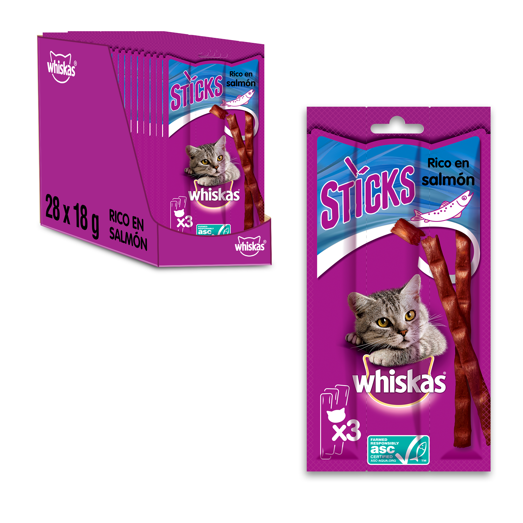 Whiskas Premios para Gatos en forma de Sticks Sabor Salmón (Pack de 28 x 18g)