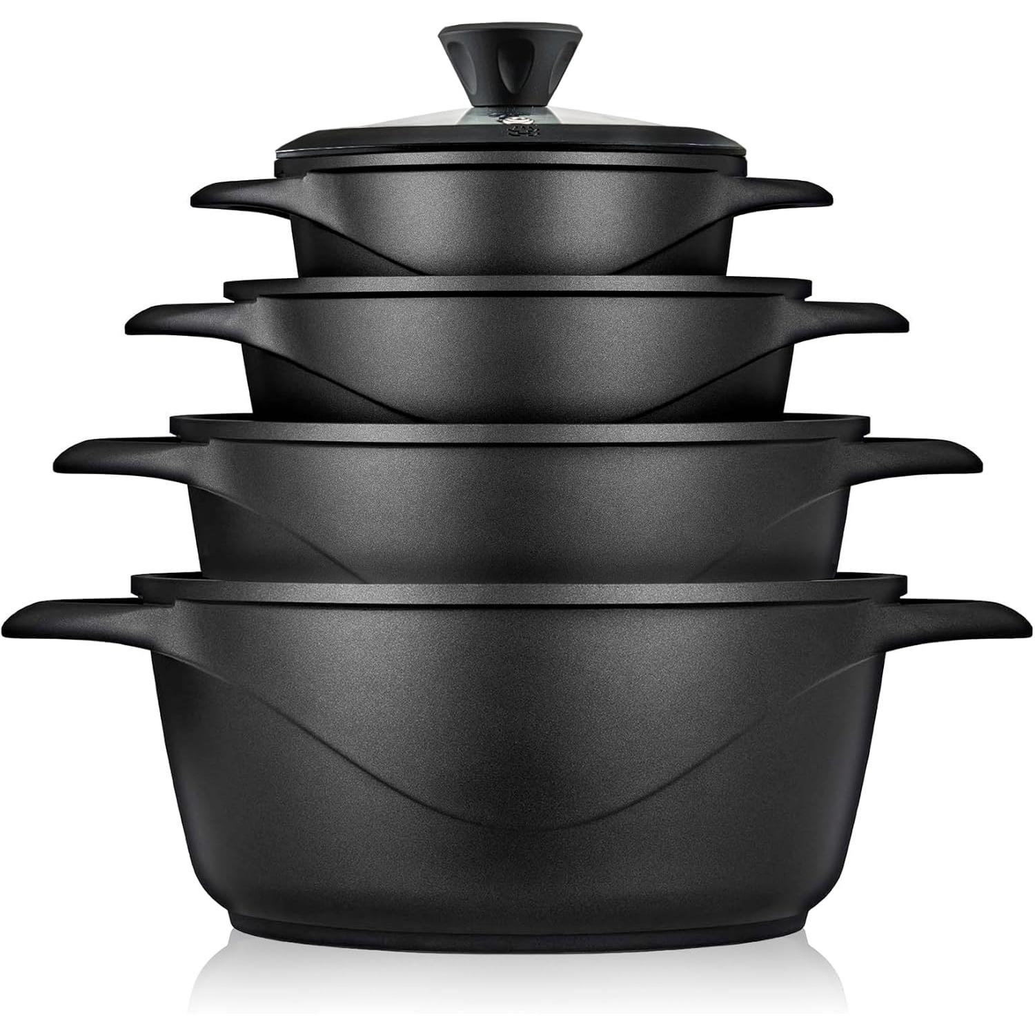 Briebe MGK12S Batería de Cocina Inducción 8 Piezas Aluminio Fundido 4 Ollas con Tapa de Cristal Antiadherente, , Negro