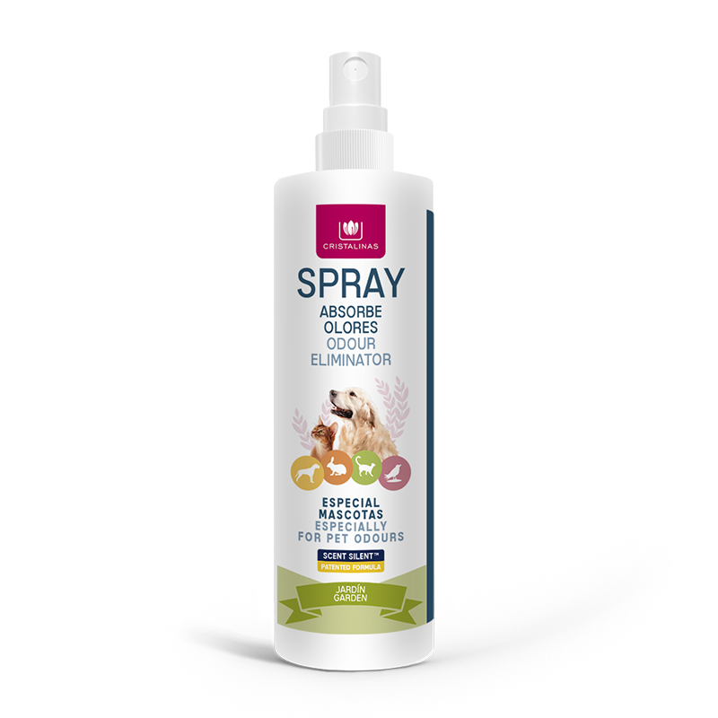 CRISTALINAS Spray absorbe olores para mascotas 100ml. Elige tu aroma favorito: Aire Fresco, Frutos Rojos, Aroma a Limpio, Jardín, Jazmín