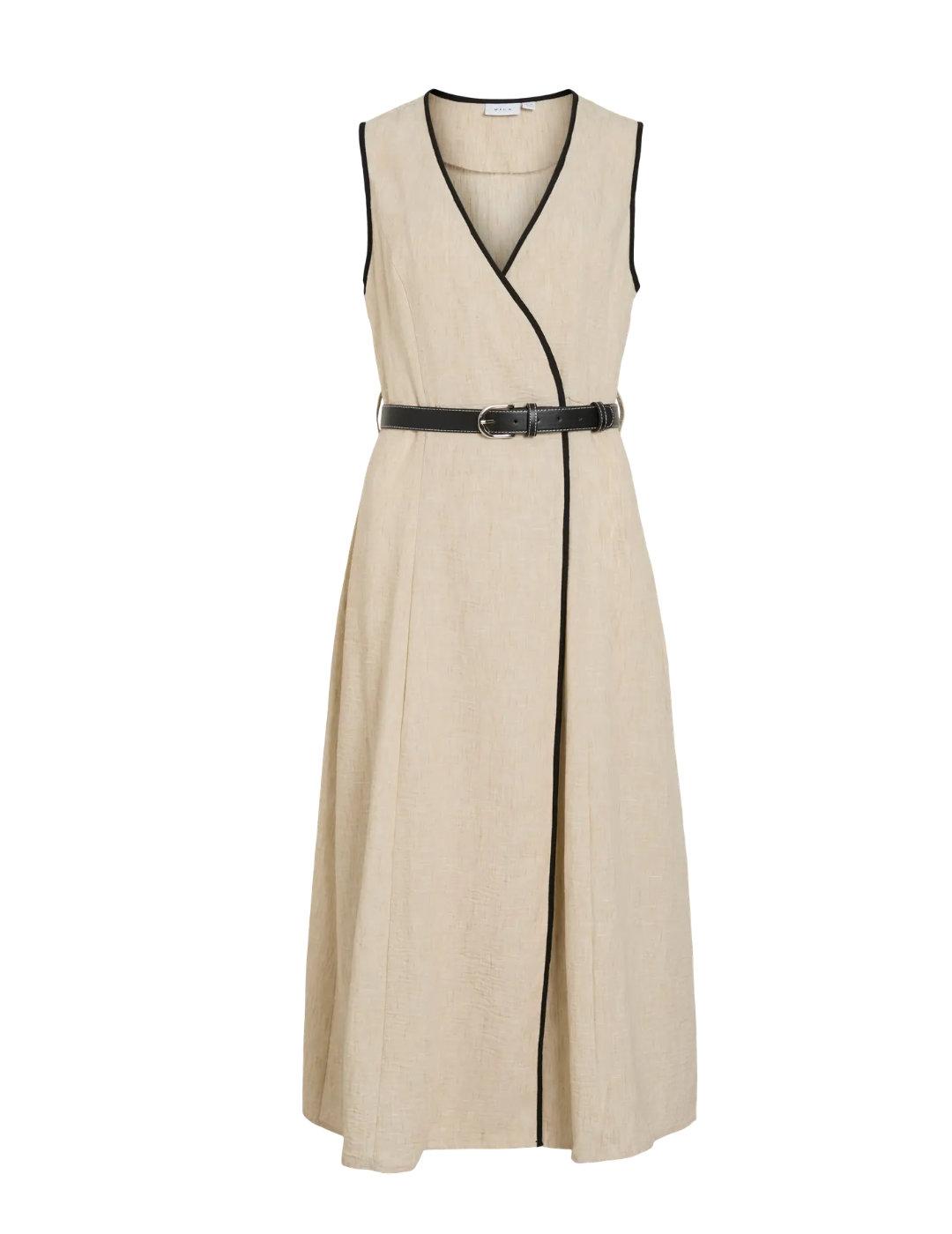 Vestido Vila Jasmine beige cinturón largo midi para mujer