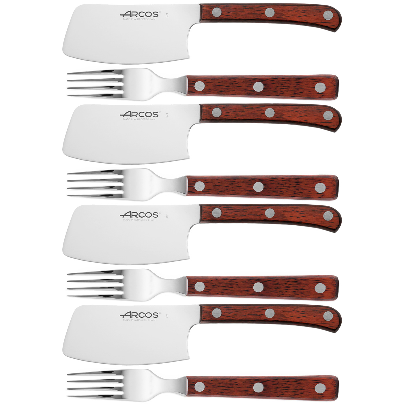ARCOS Forest - Set Macheta + Tenedor Chuletero - Acero Inoxidable - Mango de Madera Comprimida - PACK 4 + 4