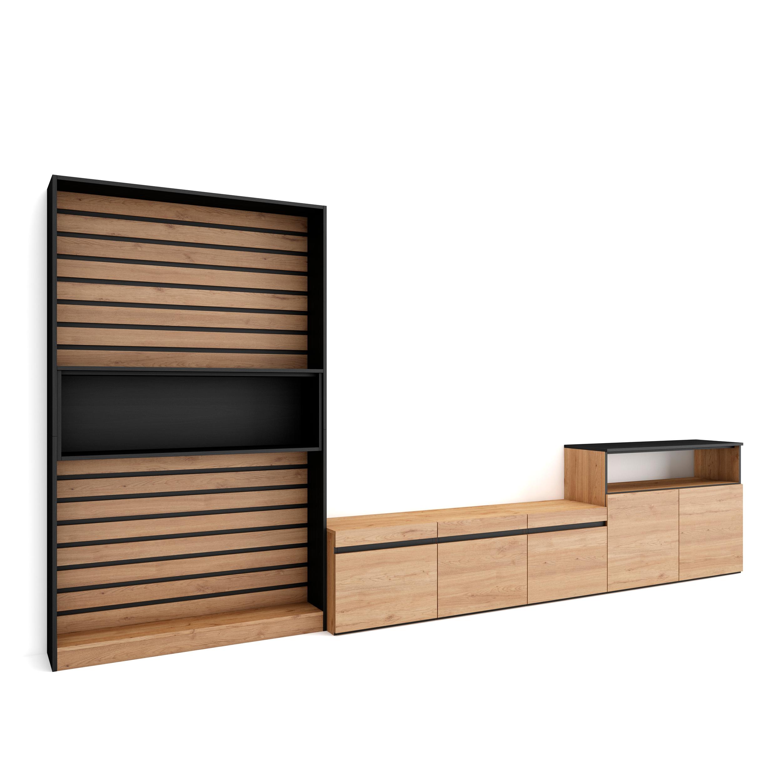 Skraut Home, Conjunto de muebles de Salón, Estantería y organización, Mueble TV con tres puertas, Aparador con dos puertas, 360x35x186cm