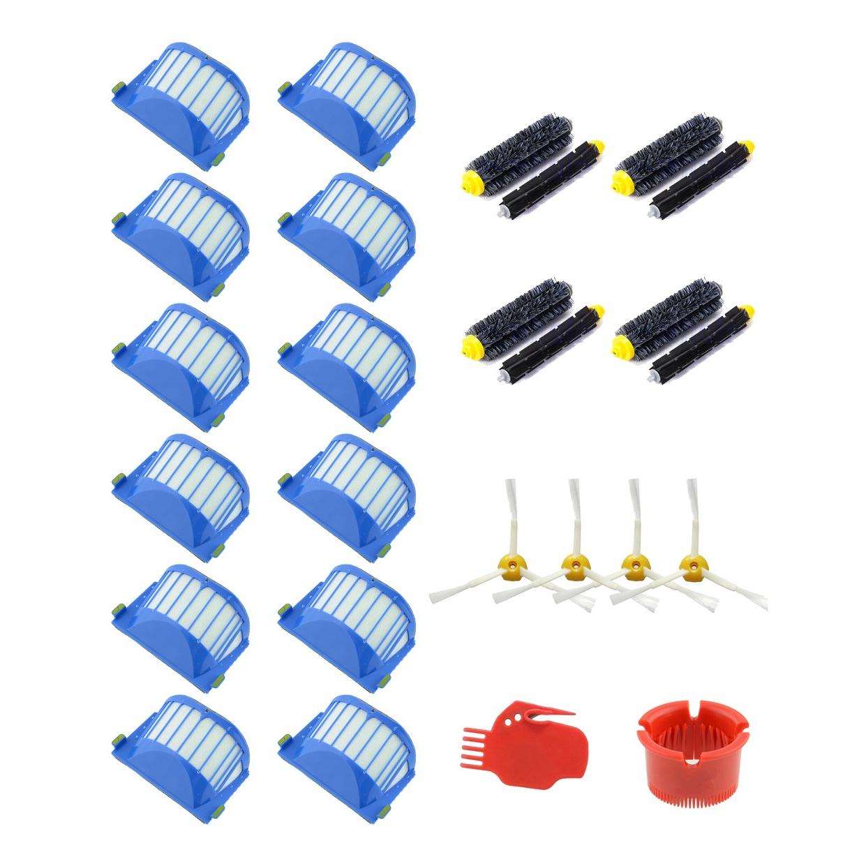 MIRTUX Kit para Roomba serie 600: 12 filtros, 4 Kit de cepillos centrales, 4 cepillos laterales y 2 herramientas de limpieza
