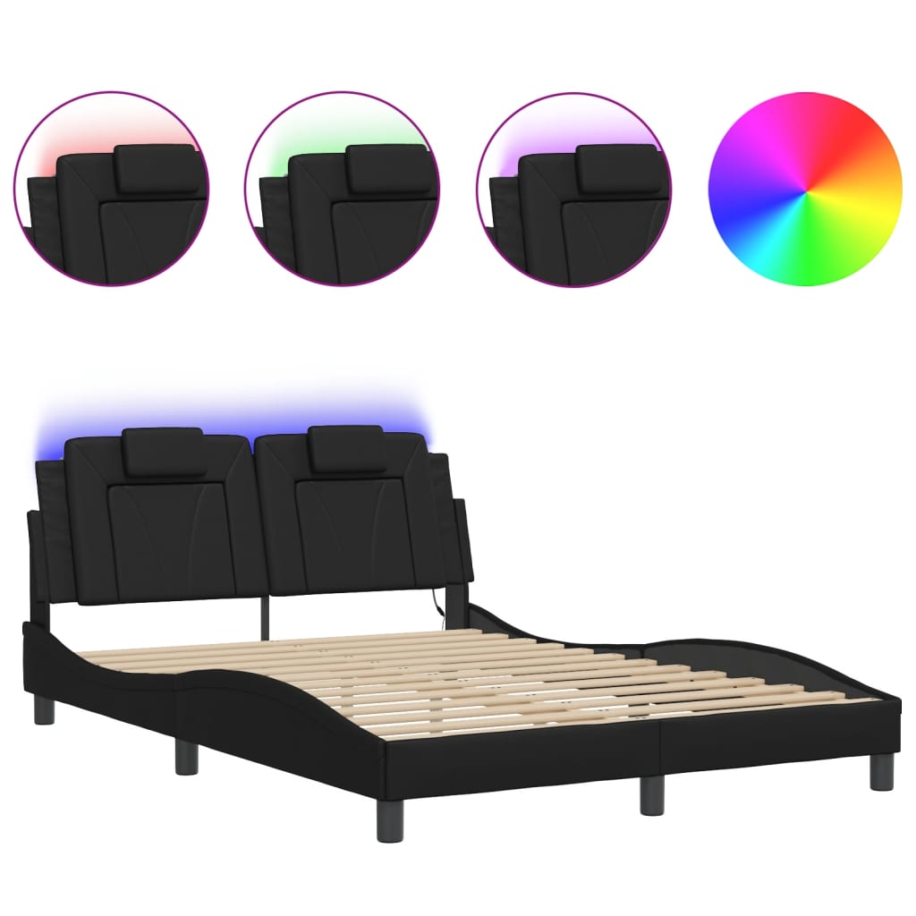 vidaXL Estructura de cama con luces LED cuero PE negro 140x200 cm