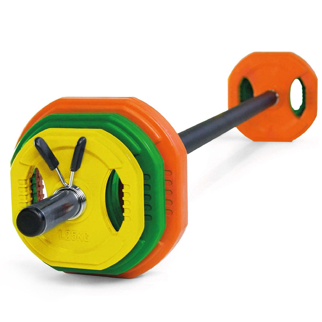 HxG Set Body Pump 17,5 kg con Barra y Discos de Colores | Revestimiento Antideslizante, Ideal para Casa y Gimnasio