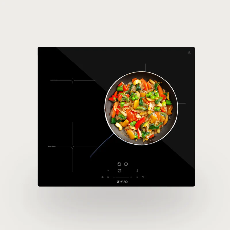 EVVO Placa Inducción 3 zonas de cocinado V61, 7.200W, 9 niveles, booster, control táctil, indicador de calor