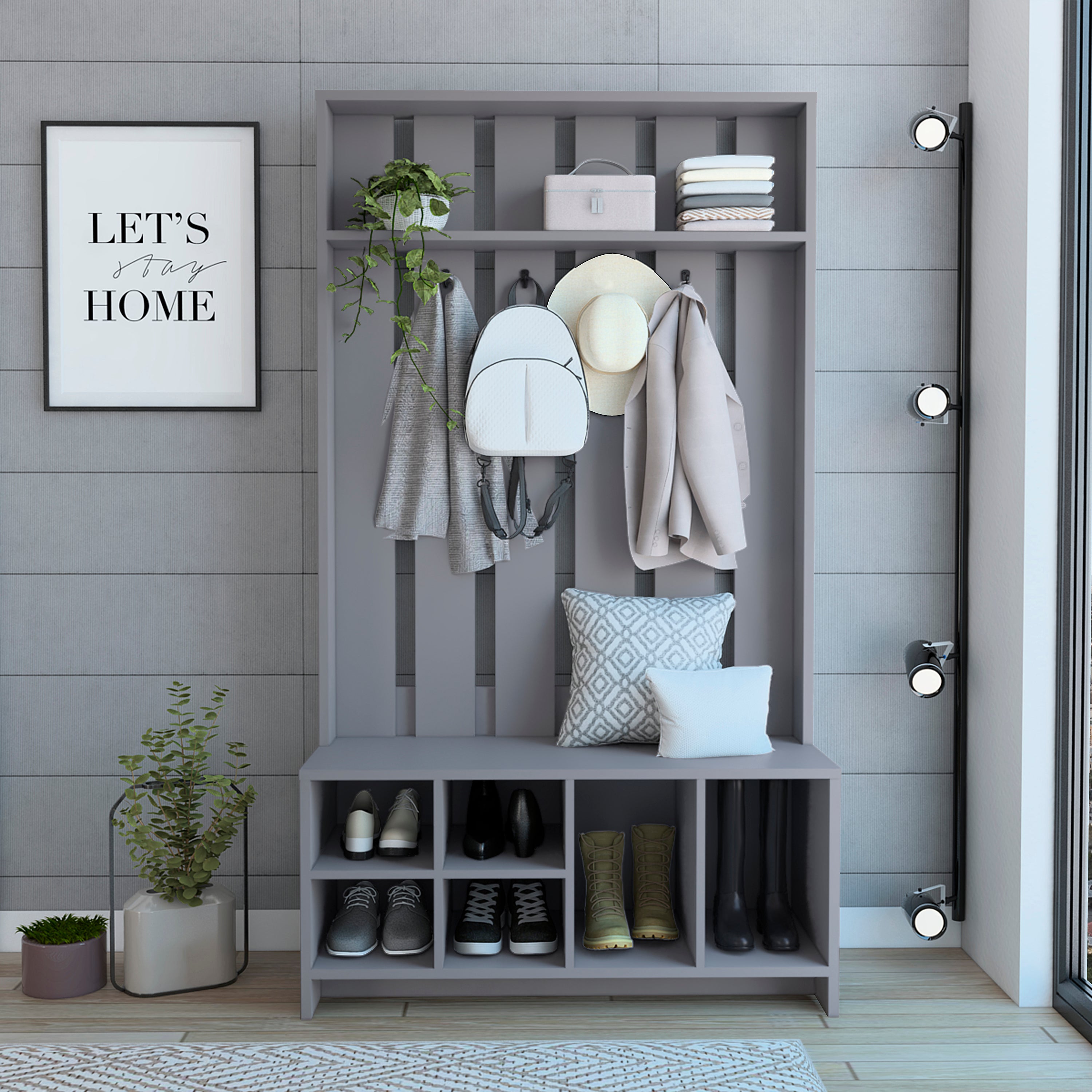 TUHOME Recibidor tulcan en melamina con 8 estantes y 4 ganchos para colgar ropa , Gris , 172.6 cm  X 96.8 cm  X 39.3 cm