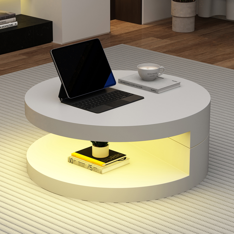 Table basse cylindrique blanche avec plateau pivotant à 360 degrés, rangement et éclairage LED