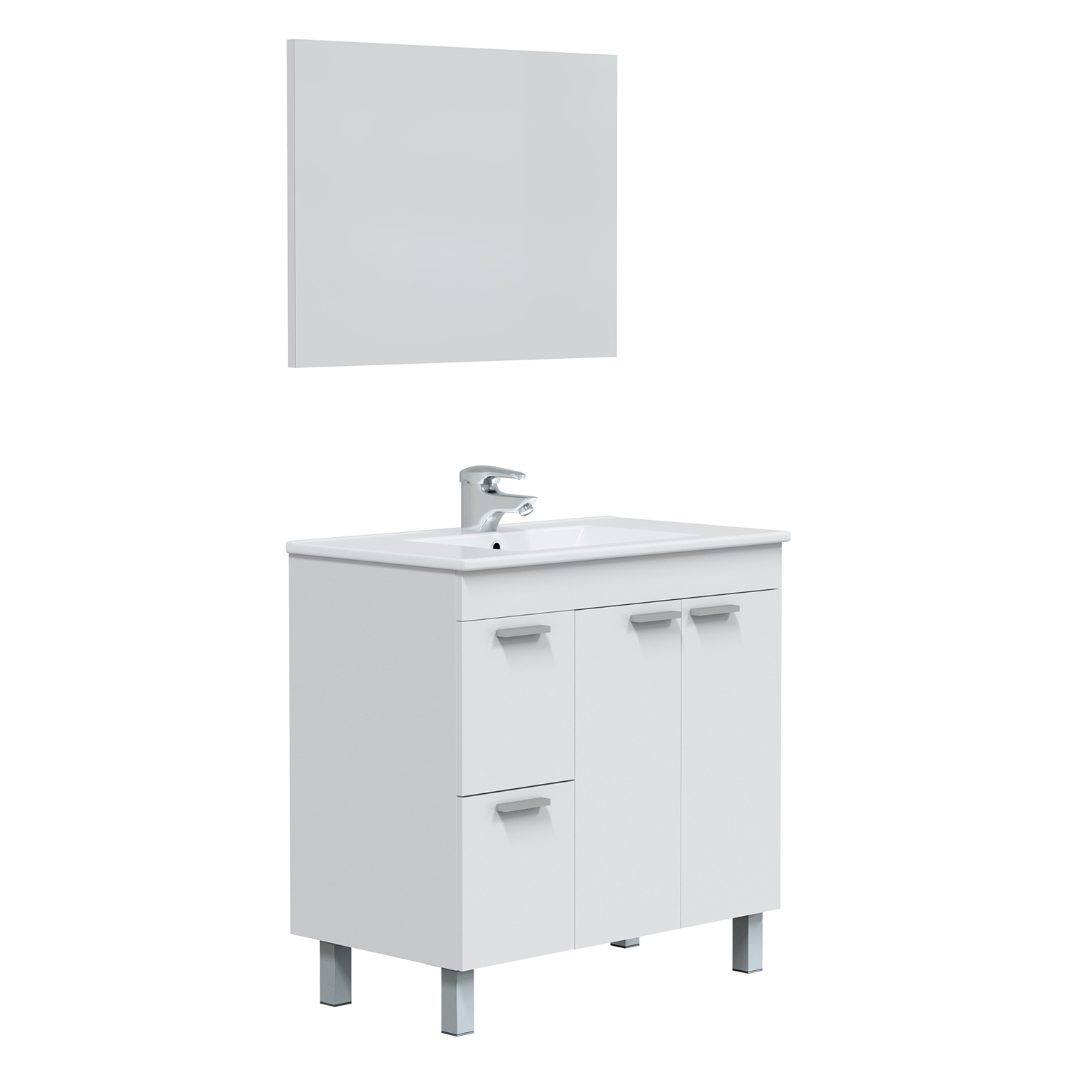 VS Venta-Stock - Mueble de baño modelo Adam 2 puertas 2 cajones, 80cm blanco brillo con espejo y lavabo de PMMA