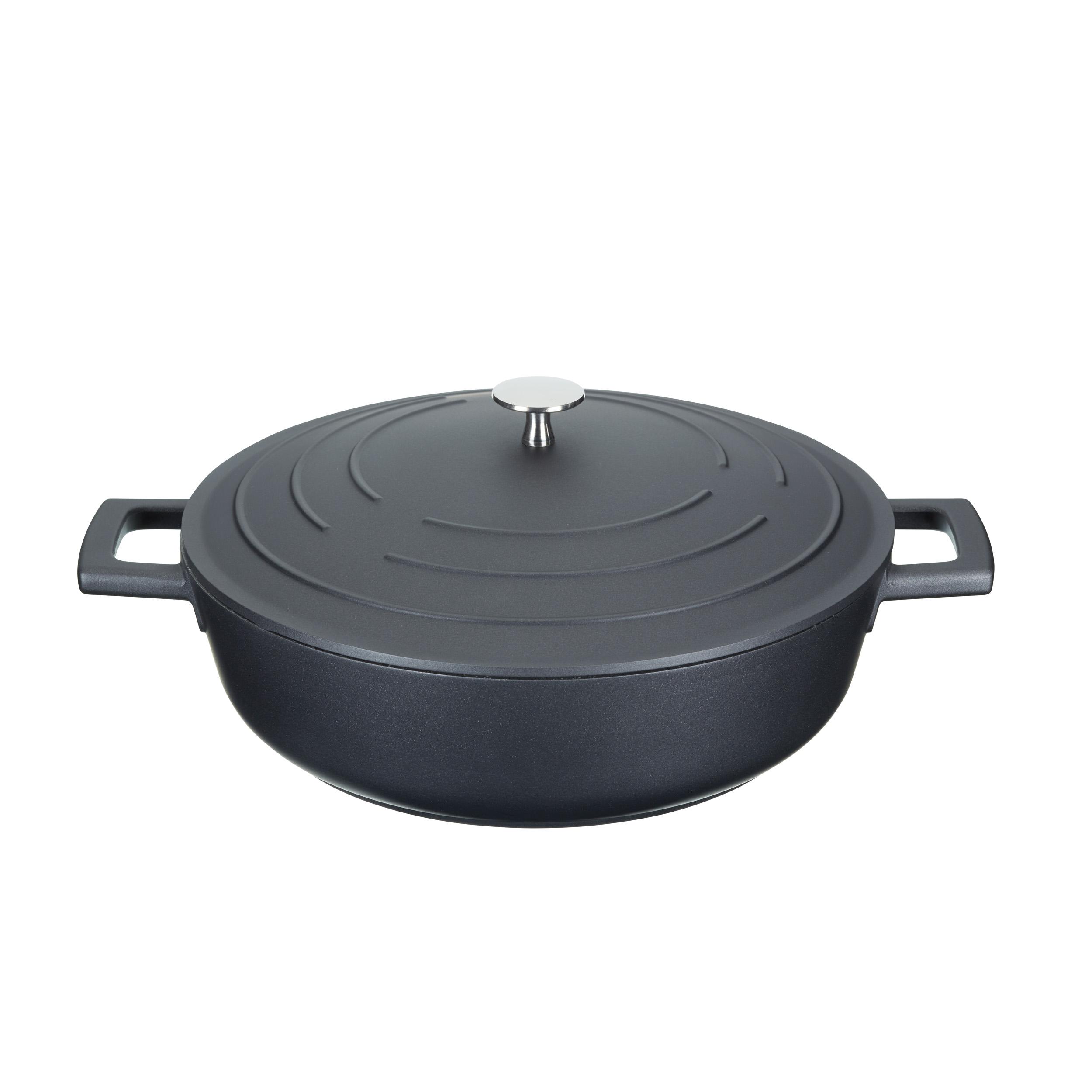 Masterclass shallow casserole with lid 4l/28cm, lightweight cast aluminum, oven safe and induction hob, black
