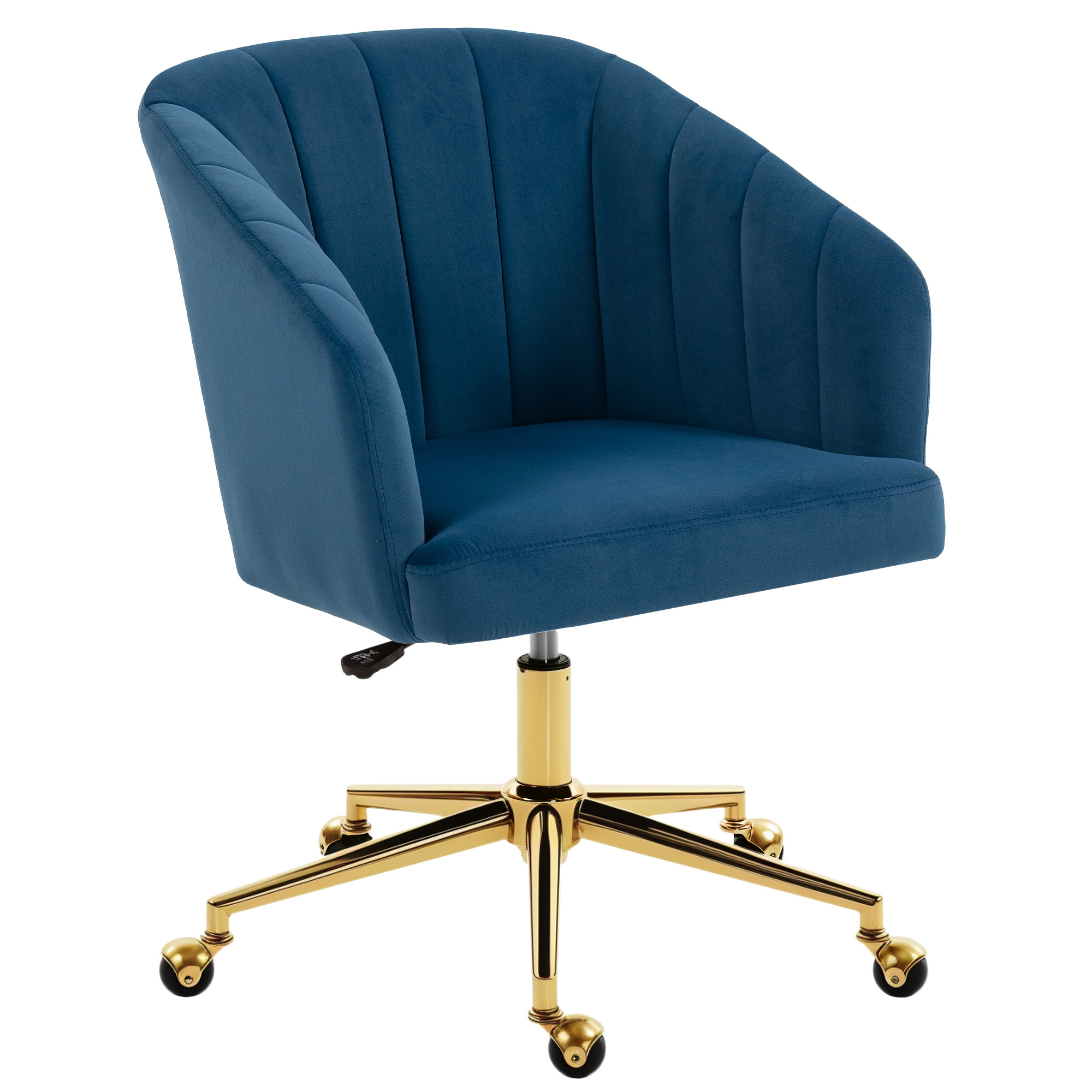 HOMCOM Silla de Oficina con Ruedas, Silla de Escritorio de Terciopelo con Respaldo Acolchado con Costuras, Asiento Ancho, Altura Ajustable, Espuma de Alta Resiliencia, para Casa, Oficina, Azul