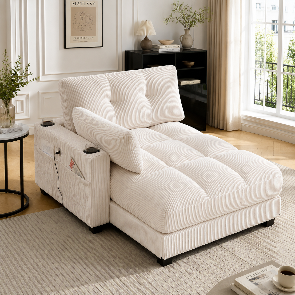 Fauteuil lounge beige en velours côtelé avec appuie-tête réglable, porte-gobelets, poche latérale et port de recharge