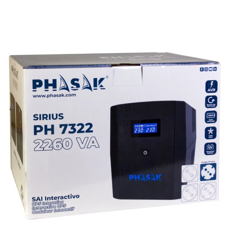 Phasak - SAI UPS interactiva PHASAK Línea interactiva 2260 VA 1320 W PH 7322 para hogar y oficina pequeña con estabilizador integrado y 4 salidas