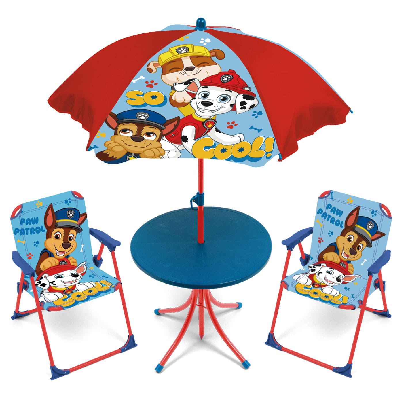 Arditex - Set Mesa Sombrilla Sillas - SET DE MESA (50X50X48CM), 2 SILLAS (38X32X53CM) Y SOMBRILLA (DIÁMETRO 110CM) de Minnie, Patrulla Canina, Mickey, Spiderman tanto para interiores como exteriores
