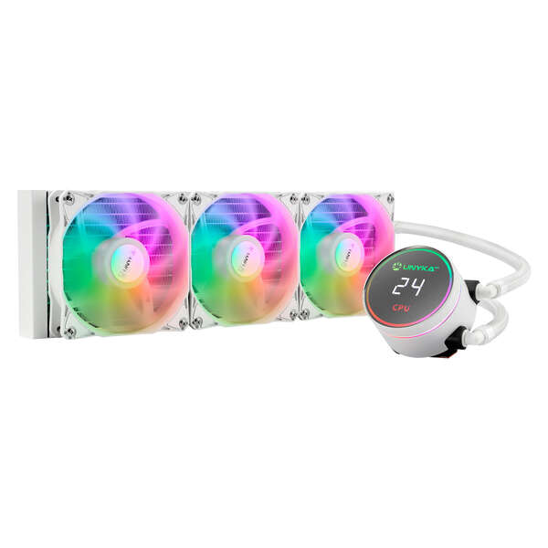 Unykach aquastorm white 360 refrigeracion liquida - 3 ventiladores 1800 rpm - bomba con alcance 2500 rpm - display que muestra la temperatura