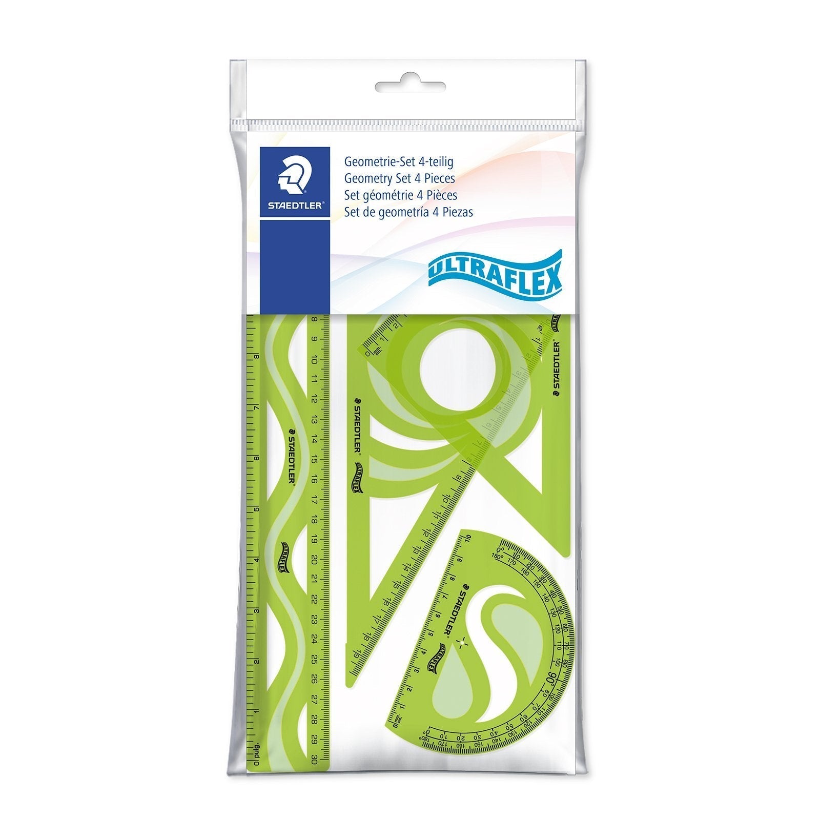 STAEDTLER - Set de Geometría de 4 Piezas Ultraflex, Apto Zurdos y Diestros. Verde