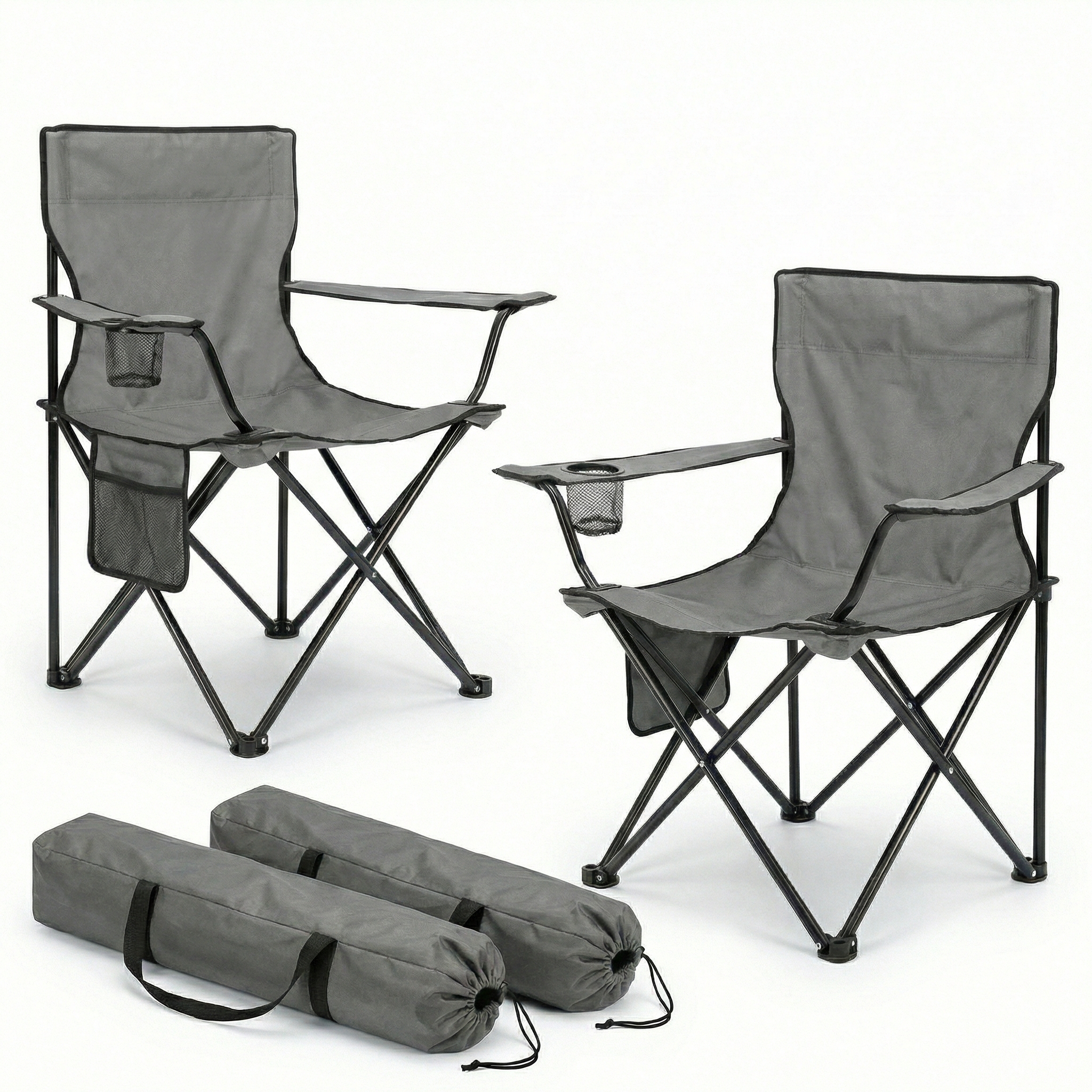 Pack de 2 Sillas Plegables de Camping con Respaldo y Reposabrazos, Incluye Portavasos y Bolsa Lateral, Sillas Portátiles Ultraligeras para Playa, Jardín, Pesca y Excursiones – Con Bolsa de Transporte