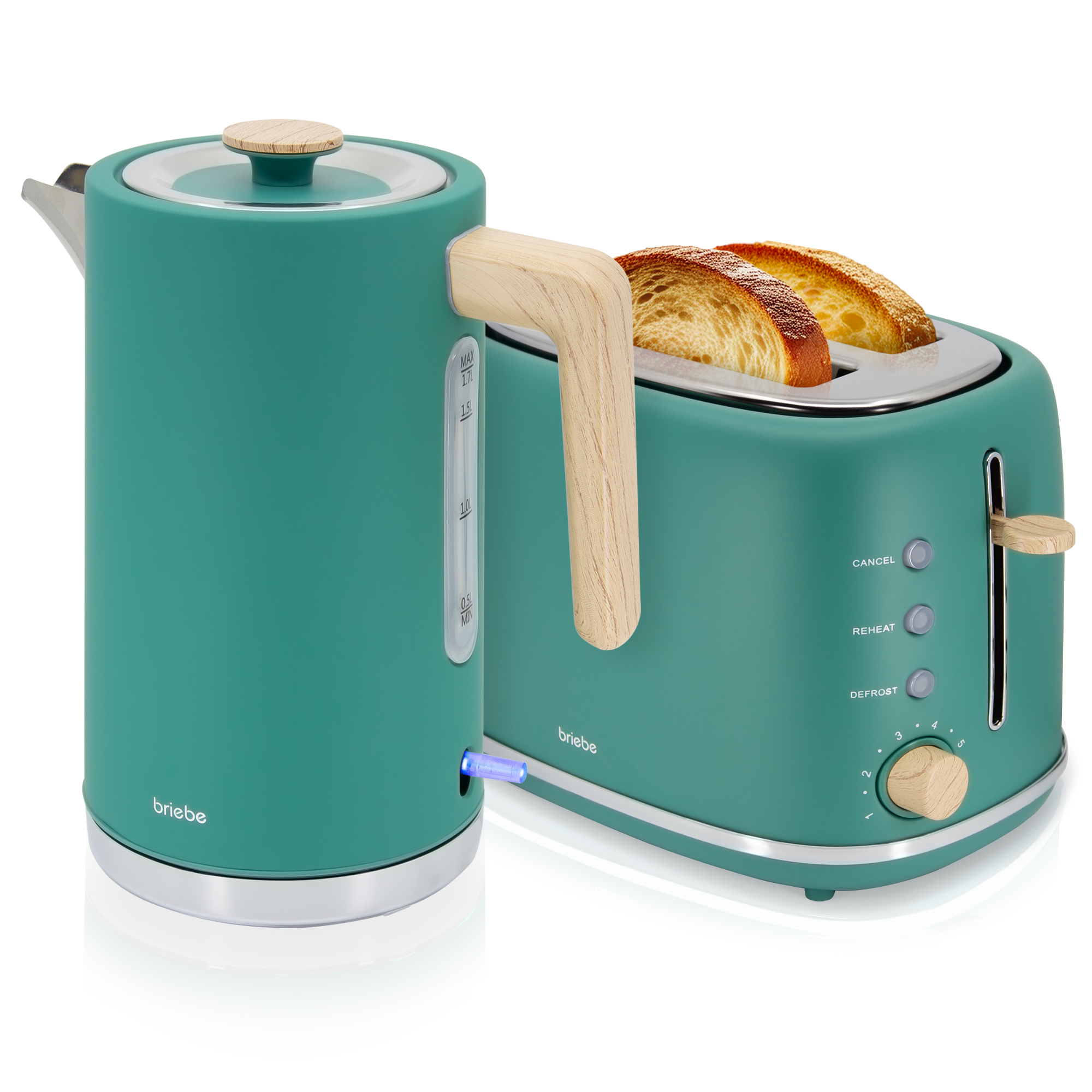 Briebe SKT1167GRE Nordic Set Tostadora Pan Ranura Ancha 2 Rebanadas + Hervidor  Agua Eléctrico 1,7L Inalámbrico, 2200W, Verde