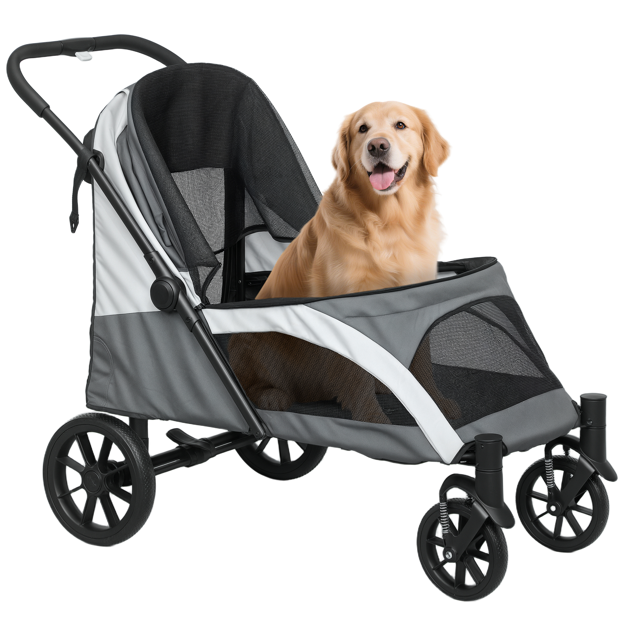 PawHut Carrito para Perros Plegable, Cochecito para Perros Grandes hasta 25 kg con Ruedas Grandes, Correas de Seguridad, Amortiguador, Cojín Lavable, Marco de Acero, Freno, 124x67x100 cm, Gris Oscuro