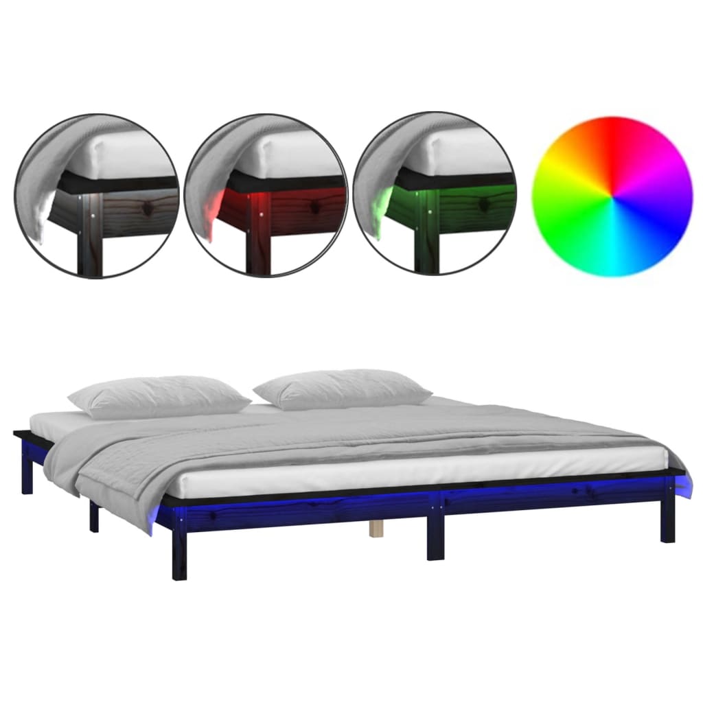 vidaXL Estructura de cama con LED madera maciza negra 200x200 cm
