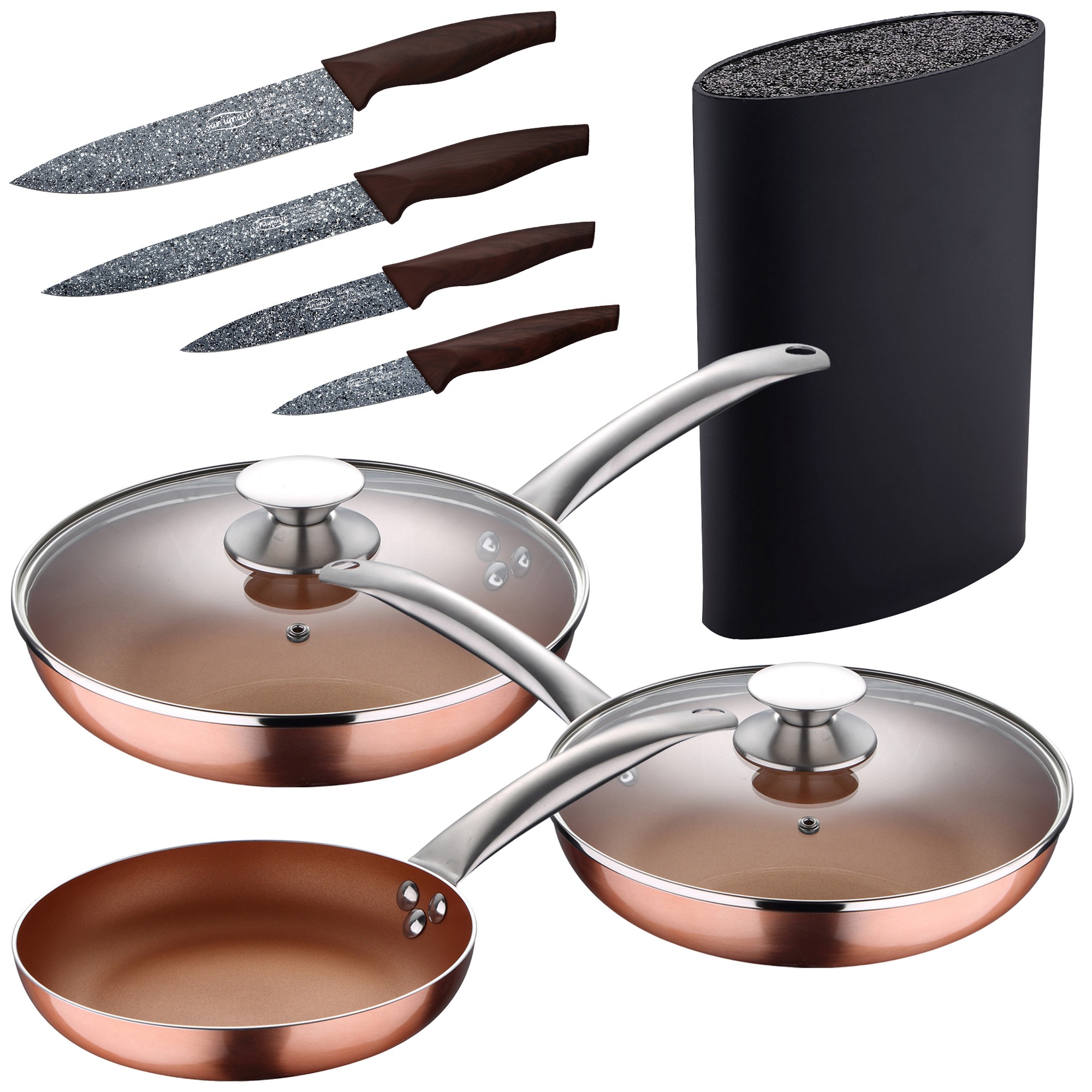 Set 3pc sarten (16+20+24cm) aluminio prensado, inducción, azul navy paradise con Set 3pc utensilios de cocina silicona madera