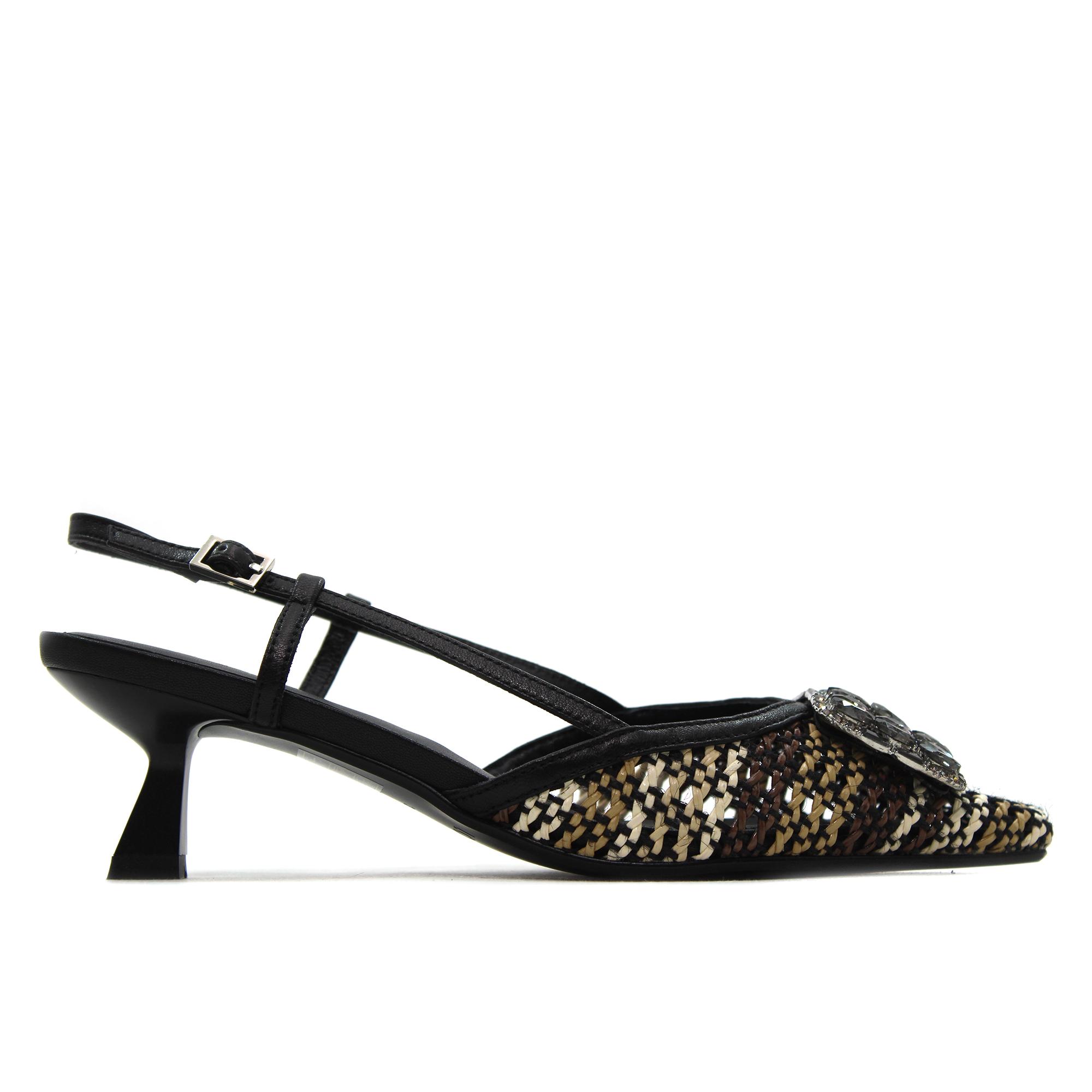 Lodi A-CADIZ Zapato de salón destalonado,tacón kitten,de piel y tela,con pedrería,de rejilla,calado,elegante para señora