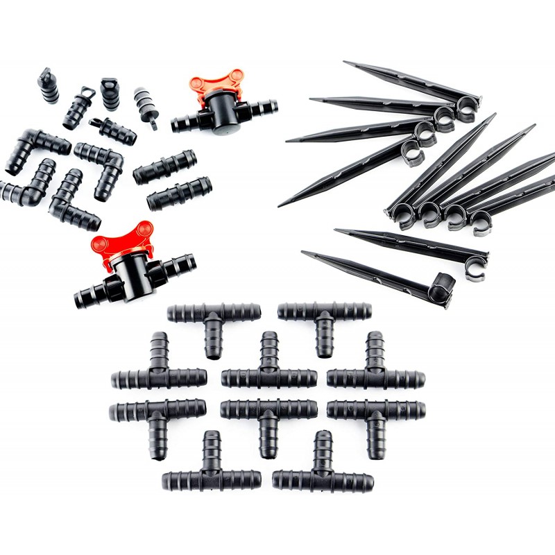 SUINGA Pack Accesorios para Tuberia Riego por Goteo 16 mm: 10 Te + 4 Codo + 2 Enlace + 5 Tapon + 2 Llaves + 10 Piqueta