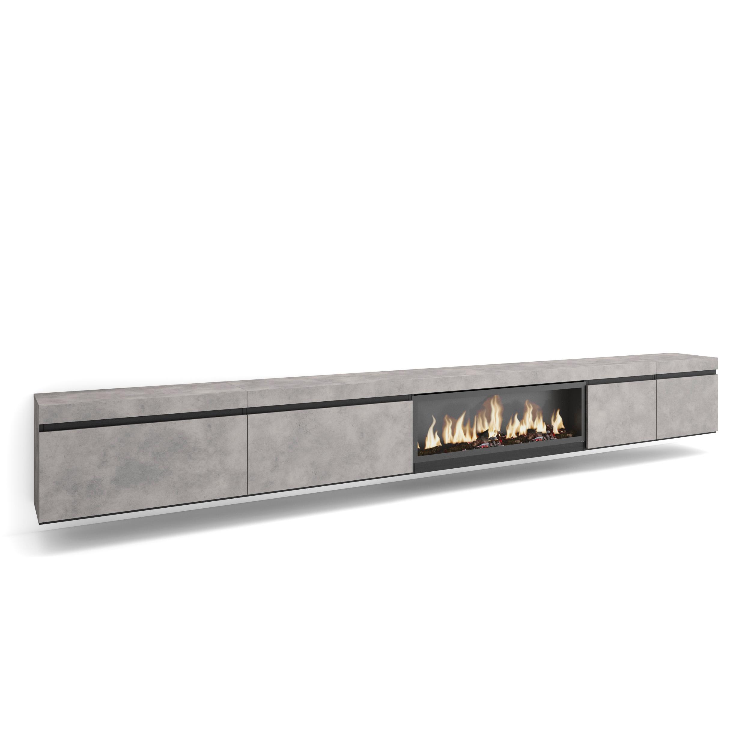 Skraut Home, Mueble TV, Televisión, Muebles de salón, almacenaje, 368x35x45cm, Chimenea eléctrica XXL efecto fuego 3d, Colgado, Gris Cemento
