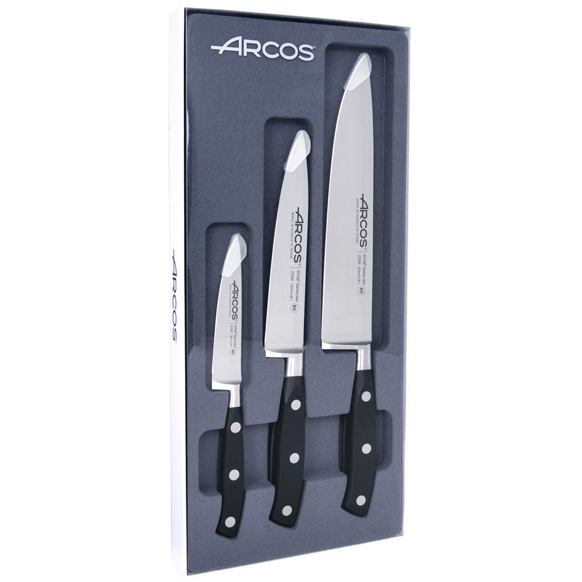 ARCOS Riviera - Set 3 Cuchillos (100, 150 & 200 mm) - Acero Inoxidable Forjado Nitrum® - Mango Negro de Polioximetileno (POM)