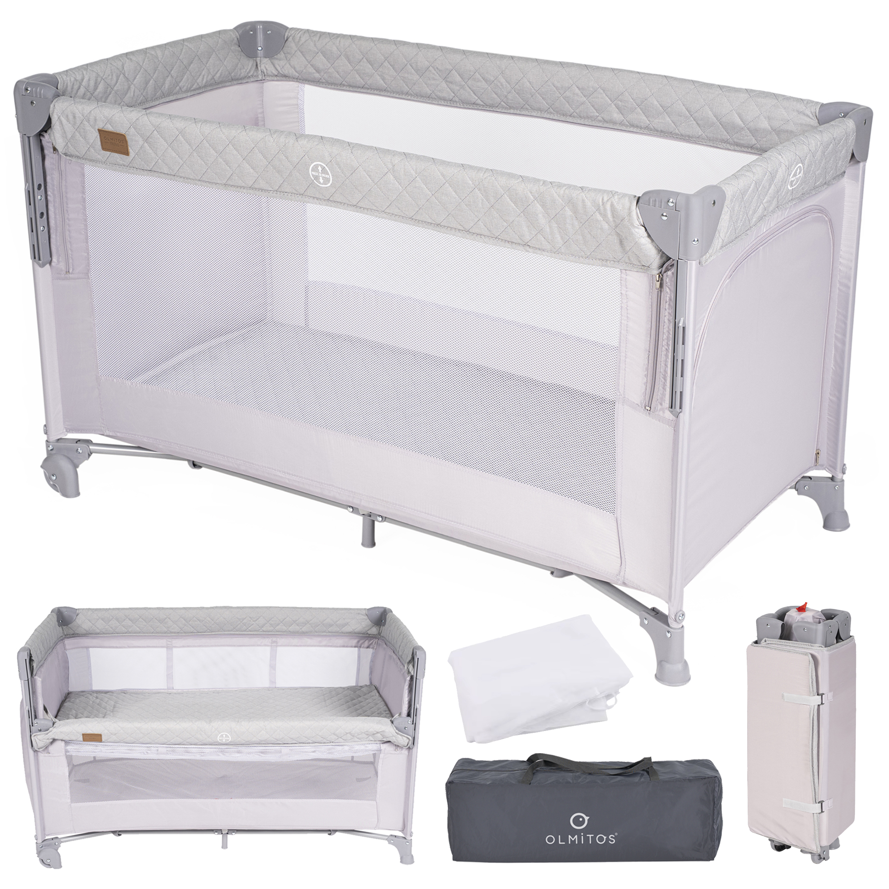 Olmitos - Cuna de Viaje Colecho 3 en 1 Trend Cuna con Mosquitera 0-3 años (0-15kg) Plegable, Ligera, Doble Altura, Lateral Abatible, Parque de Juegos y Bolsa de Transporte