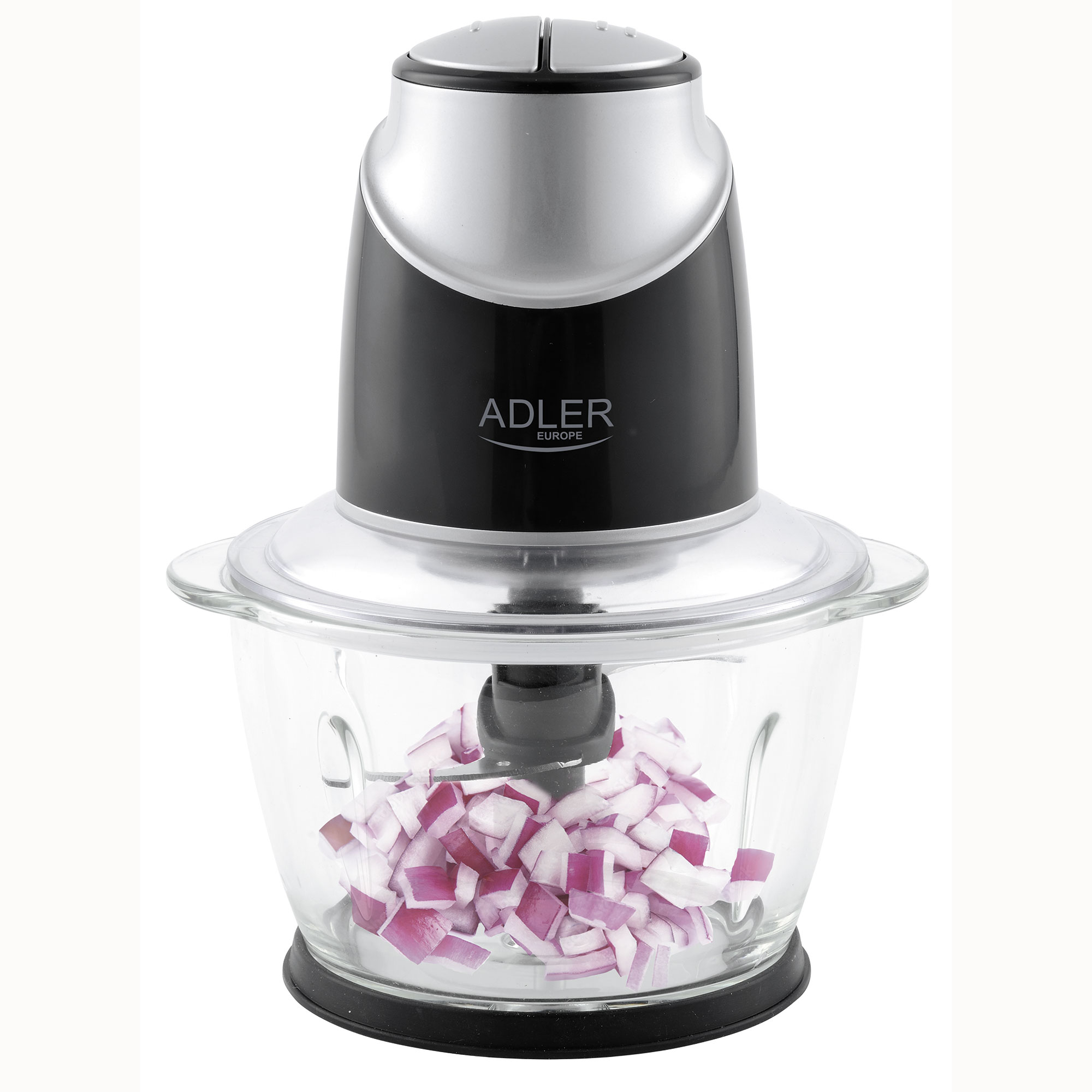 Adler AD4082 Picadora Eléctrica Alimentos 4 Cuchillas Acero Inoxidable, Recipiente de Cristal 1,2 Litros, 550W, Blanco/Negro