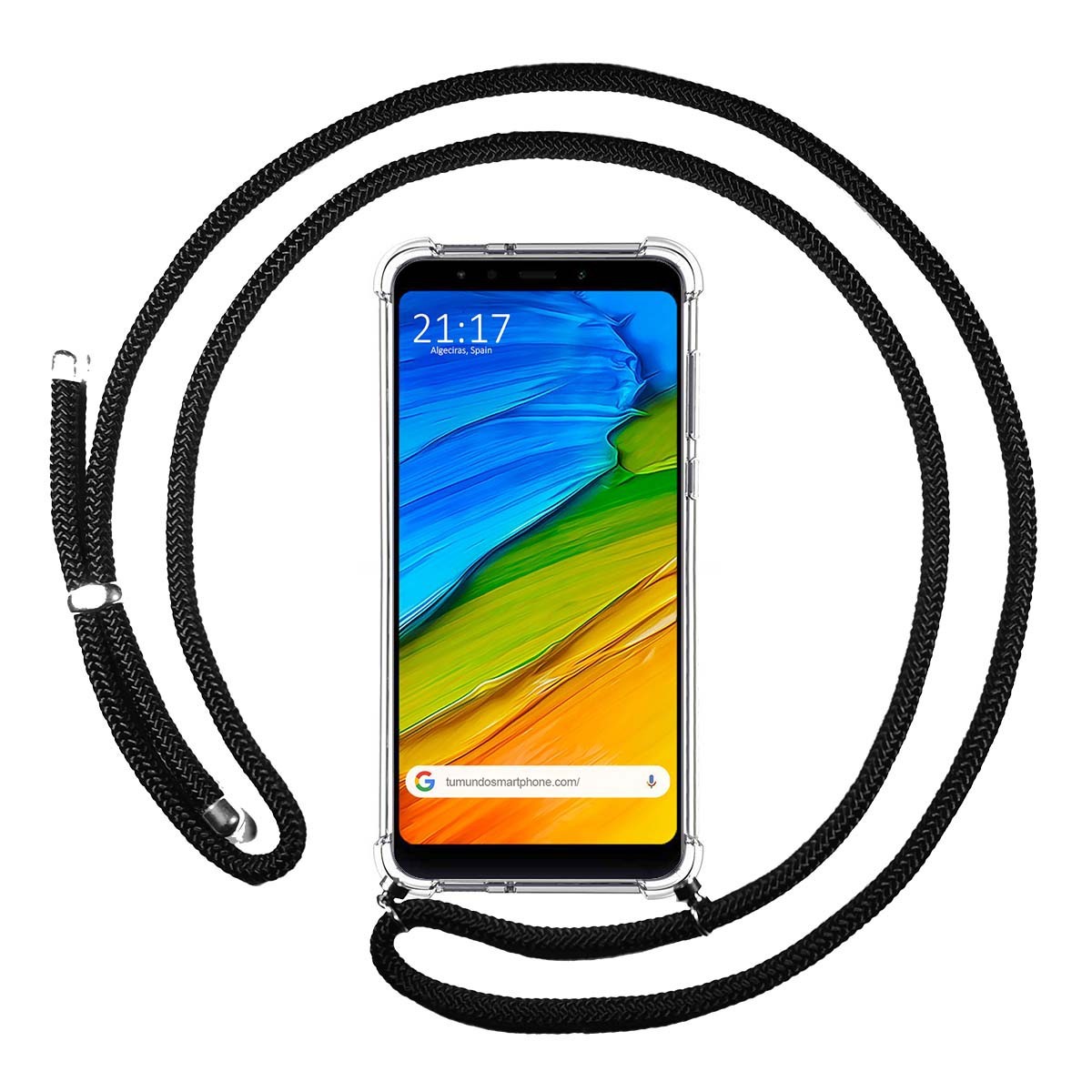 Tumundosmartphone Funda Colgante Transparente para Xiaomi Redmi 5 Plus con Cordon Negro