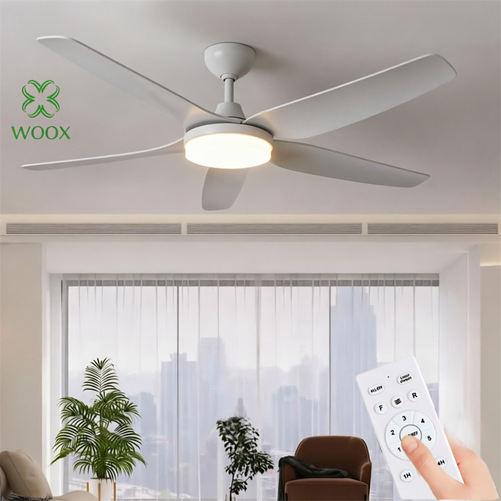 Ventilador de techo silencioso 54" con luz LED regulable, motor cobre DC, 5 aspas, 6 velocidades, mando a distancia, temporizador, inversión giro, memoria luz, protege la vista - WooX