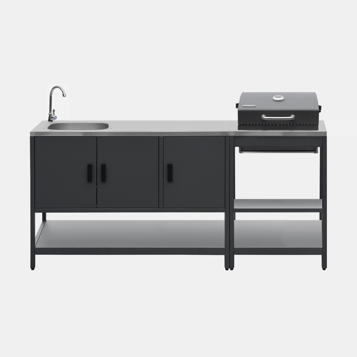 sweeek - Cocina exterior 2 módulos acero inoxidable barbacoa de carbón con fregadero Verde - 60x58.5x138 cm