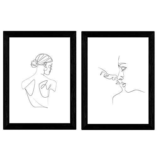 Nacnic Set De 2 Láminas De Dibujos Con Un Solo Trazo "Beso Mujer Hombre Y Espalda Femenina". Posters Con Una Sola Linea.