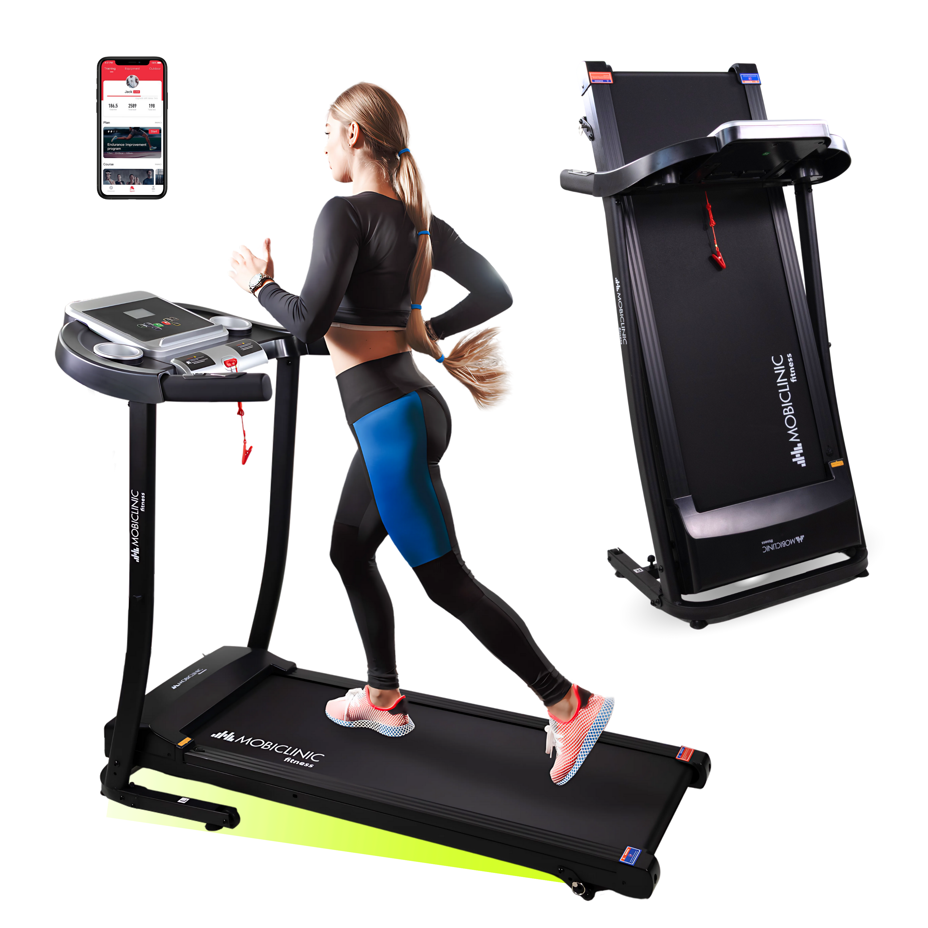 Mobiclinic Cinta correr plegable Bluetooth altavoz 12km/h Sistema elevación App pantalla LCD 139x61x113 cm Silenciosa ETNA
