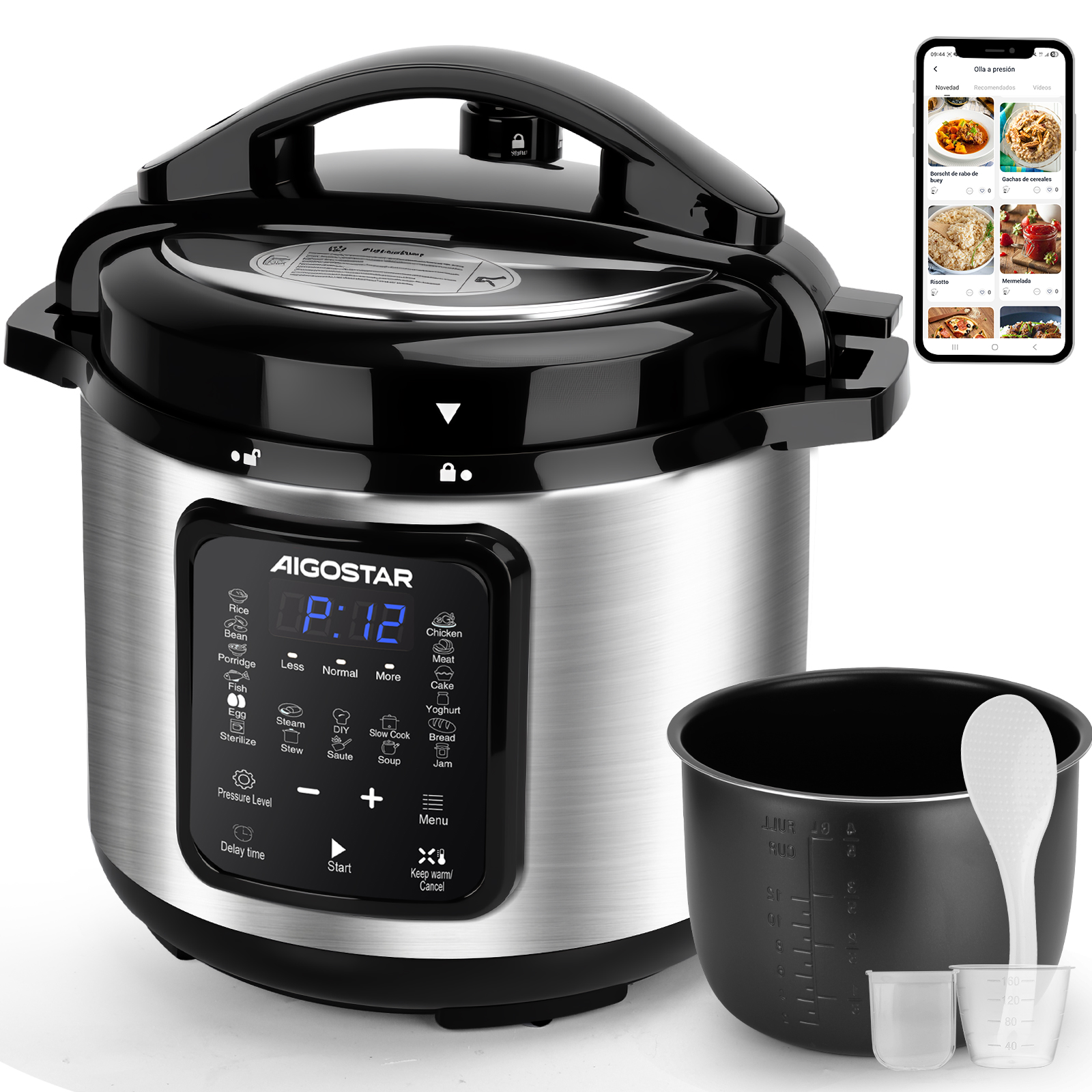 Olla a Presión Eléctrica Aigostar 6L 1000W, Robot de Cocina Multifunción 18 en 1. Programable 24h, 3 Presiones, Pantalla LED. Olla Express para Cocción Lenta, Arrocera, Yogurtera, Saltear y Guisos. Inicio retardado, mantiene el calor, antiadherente