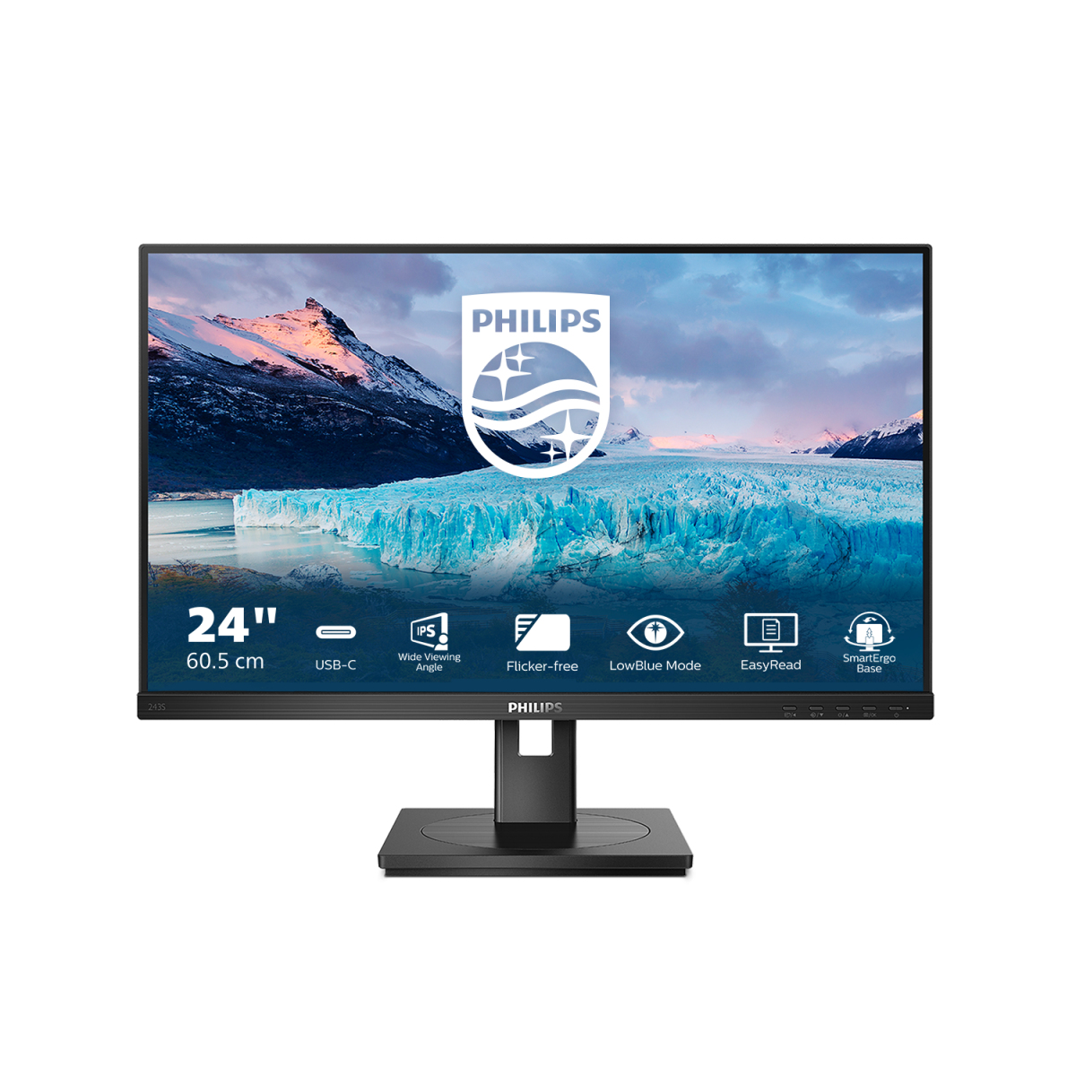 Philips IPS FHD 243S1/00 23.8 Inch Monitor with 1920x1080 Resolution, 75Hz Refresh Rate, and Built-in Speakers for a Stunning Visual Experience and Versatile Connectivity Options.