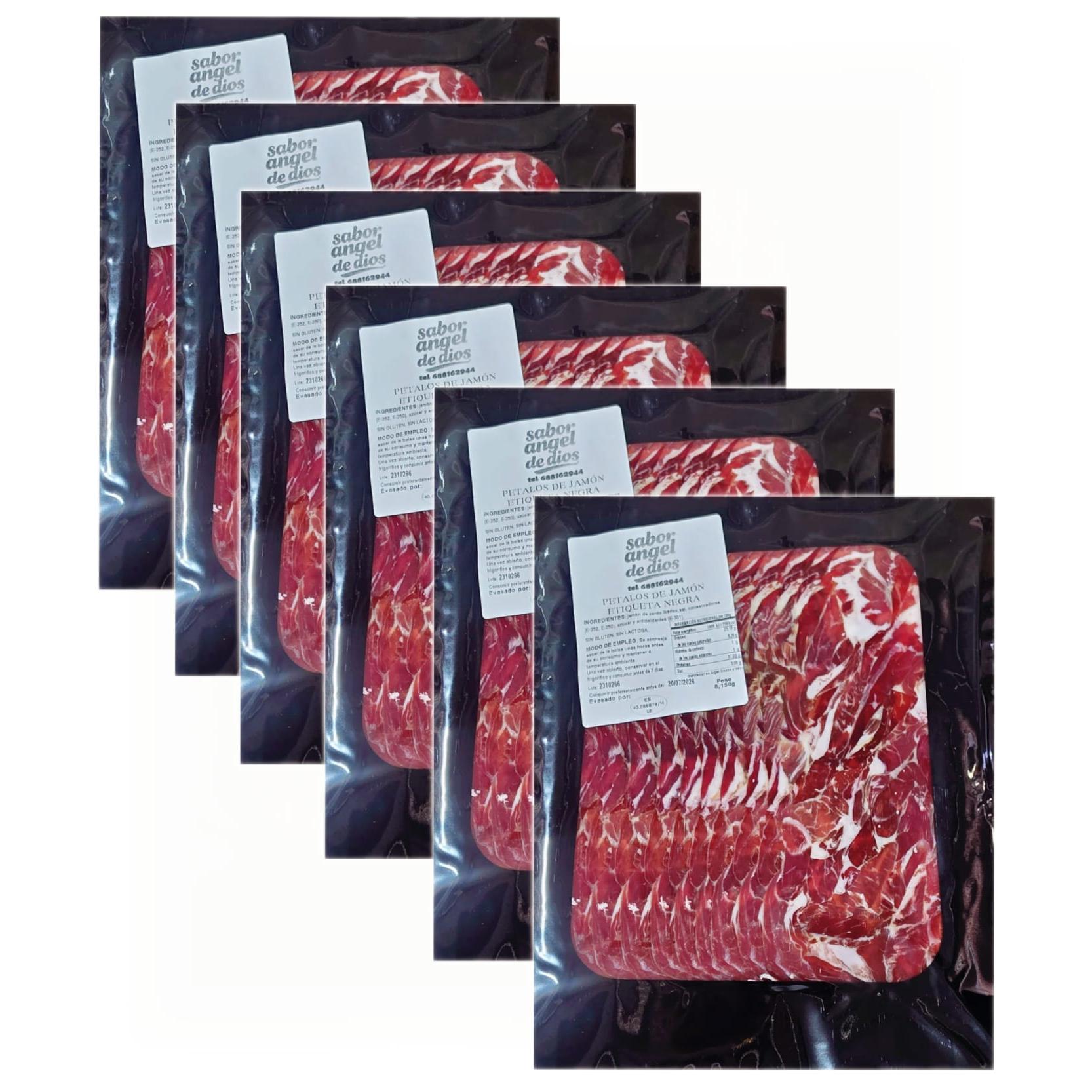 PETALOS DE JAMON IBERICO SABOR ANGEL DE DIOS - 6 SOBRES, 150GR CADA UNO - TOTAL 900GR - ETIQUETA NEGRA.