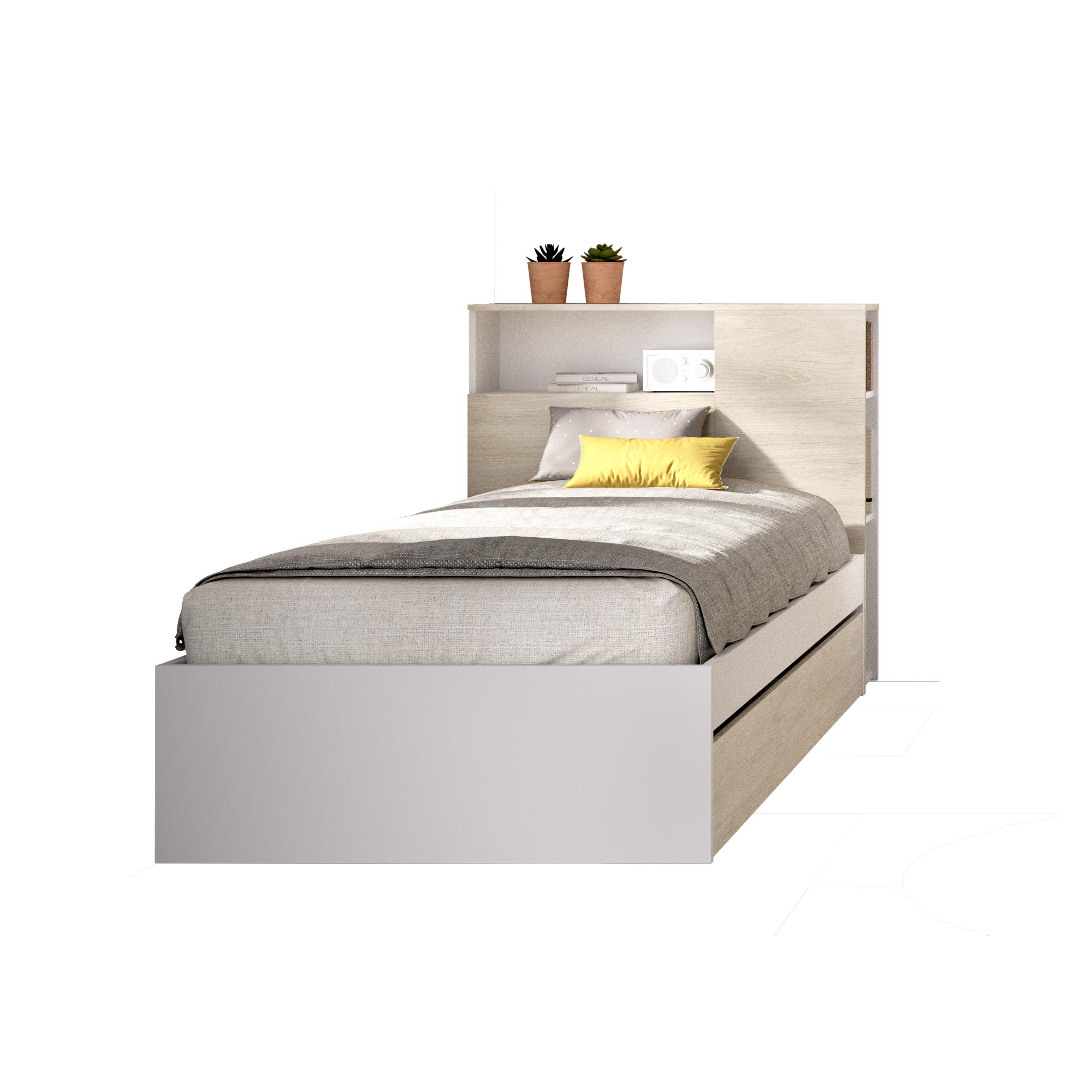 DEKIT GRUPO RIMOBEL TEN - CAMA CON CABEZAL Y ARO DE CAMA DE 90X190 CON ARRASTRE - BLANCO / NATURAL - 96 x 99 x 218,2