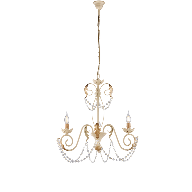 Damasco - Lámpara de hierro lacado marfil con decoración. Efecto decapé y acabados oro antiguo con pedrería de cristal 3 luces 120 - Ø47 - Belight